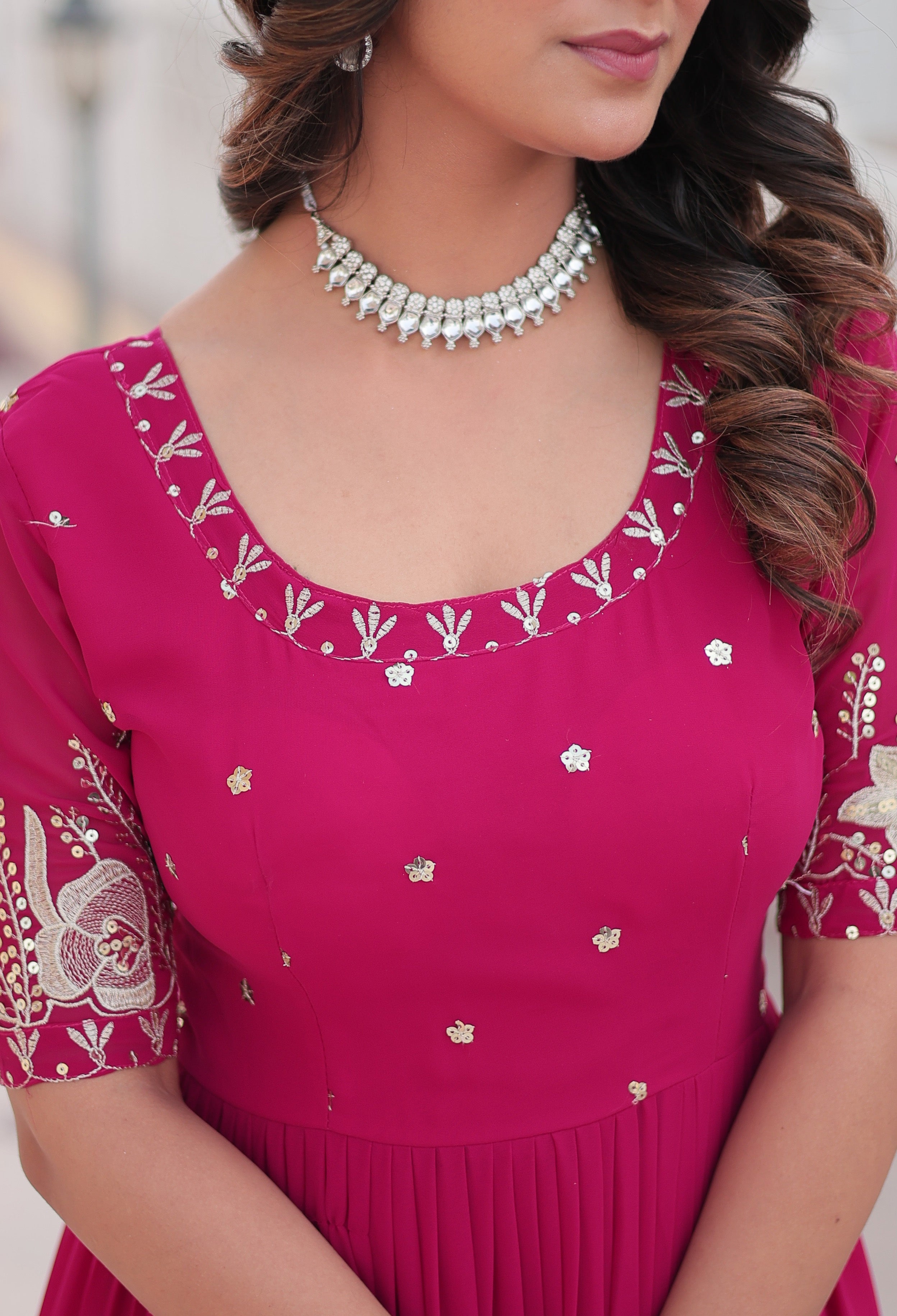 Stunning Rani Pink Tiered Georgette Anarkali Gown with Mirror Work