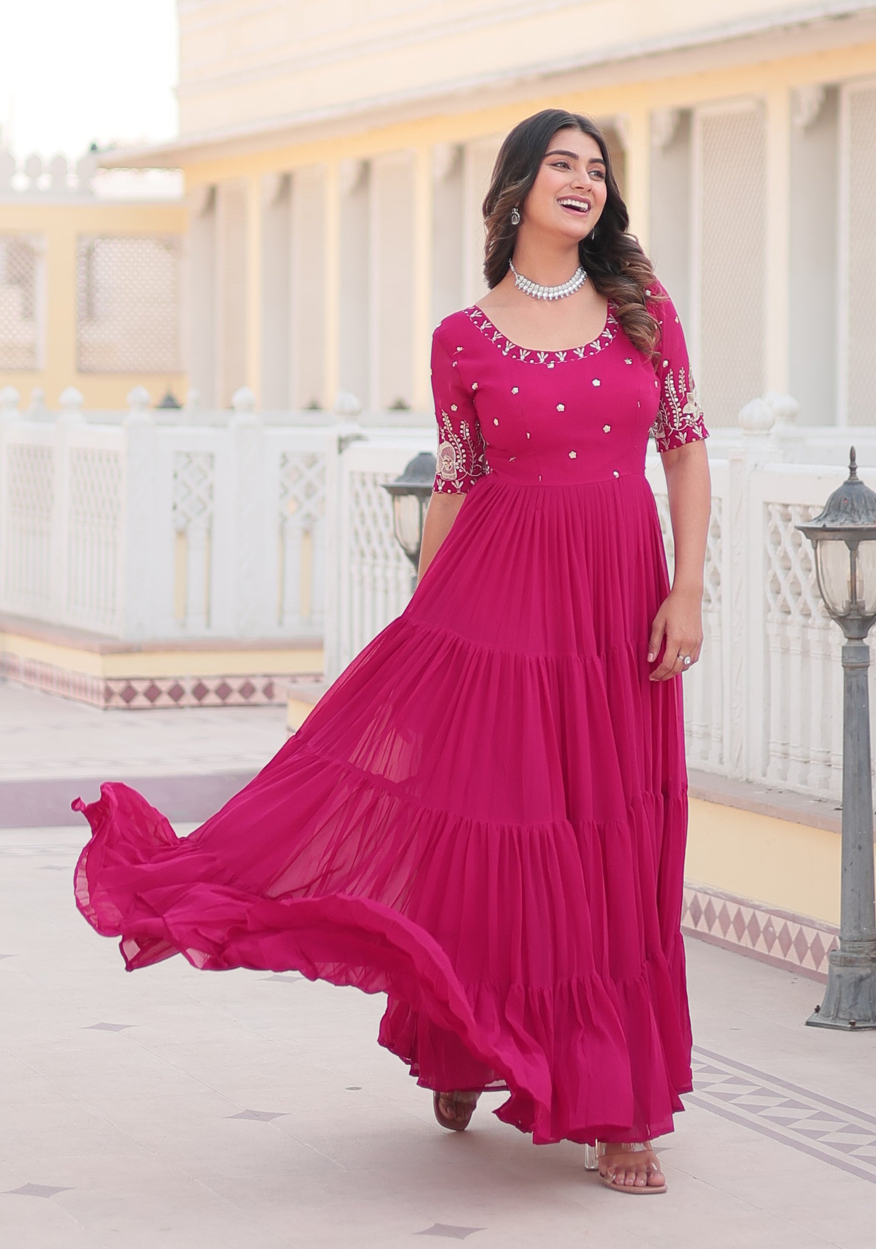 Stunning Rani Pink Tiered Georgette Anarkali Gown with Mirror Work