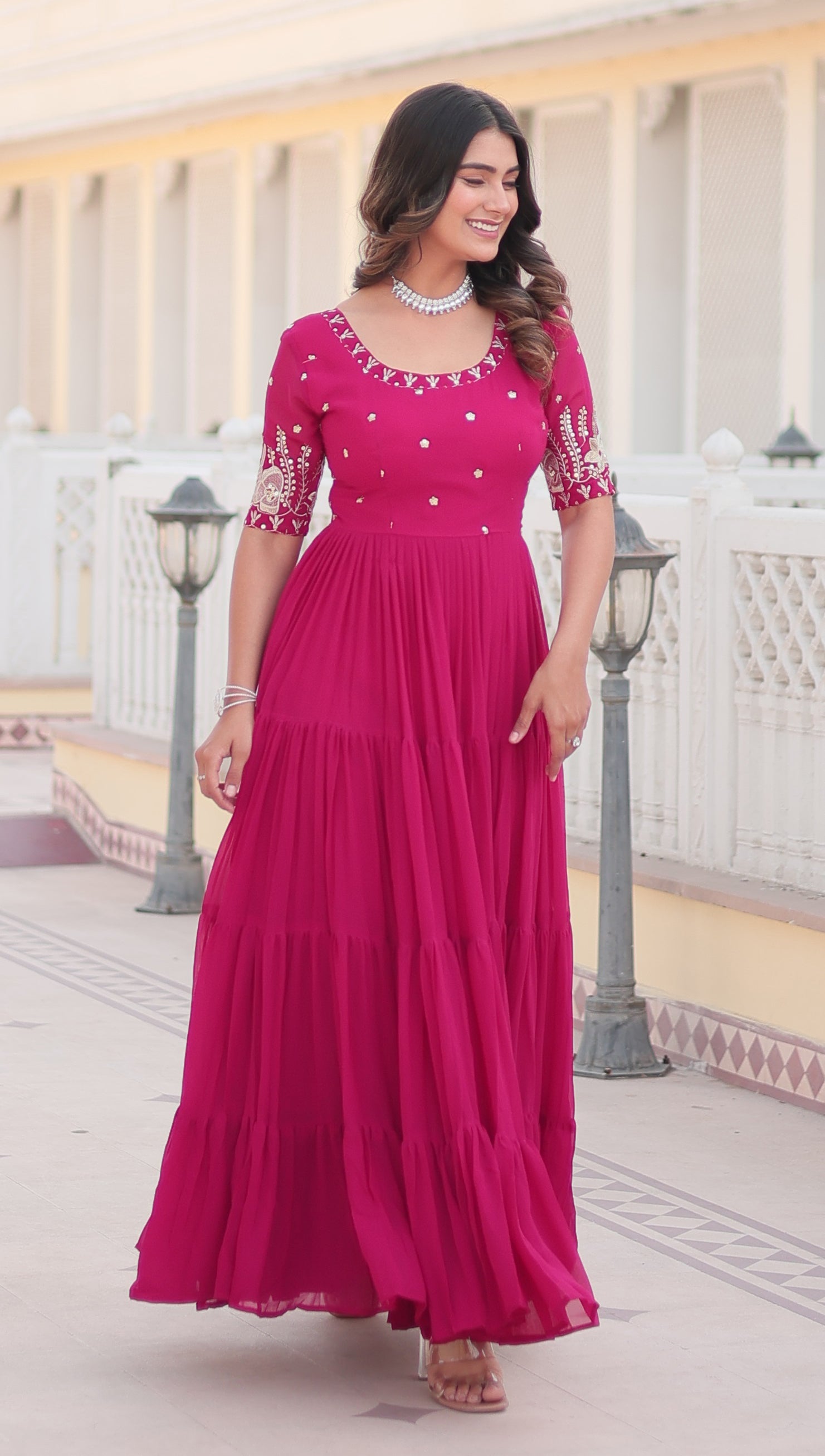 Stunning Rani Pink Tiered Georgette Anarkali Gown with Mirror Work