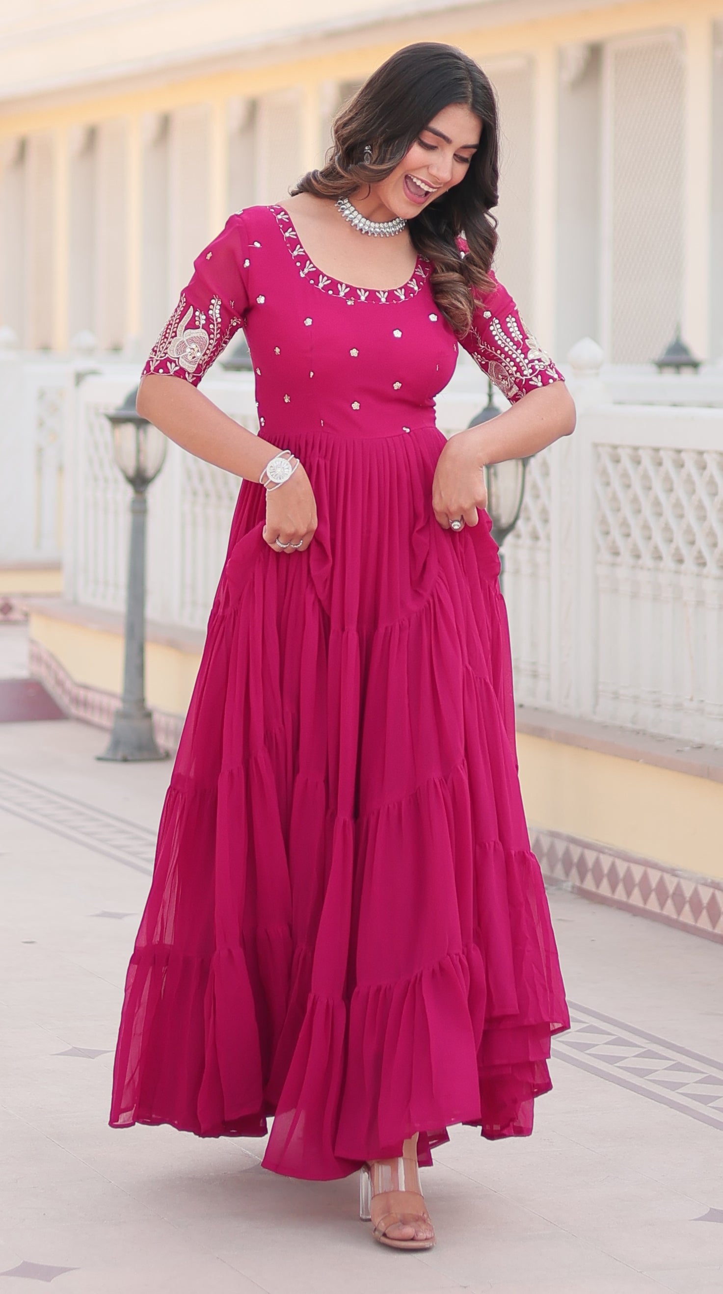 Stunning Rani Pink Tiered Georgette Anarkali Gown with Mirror Work