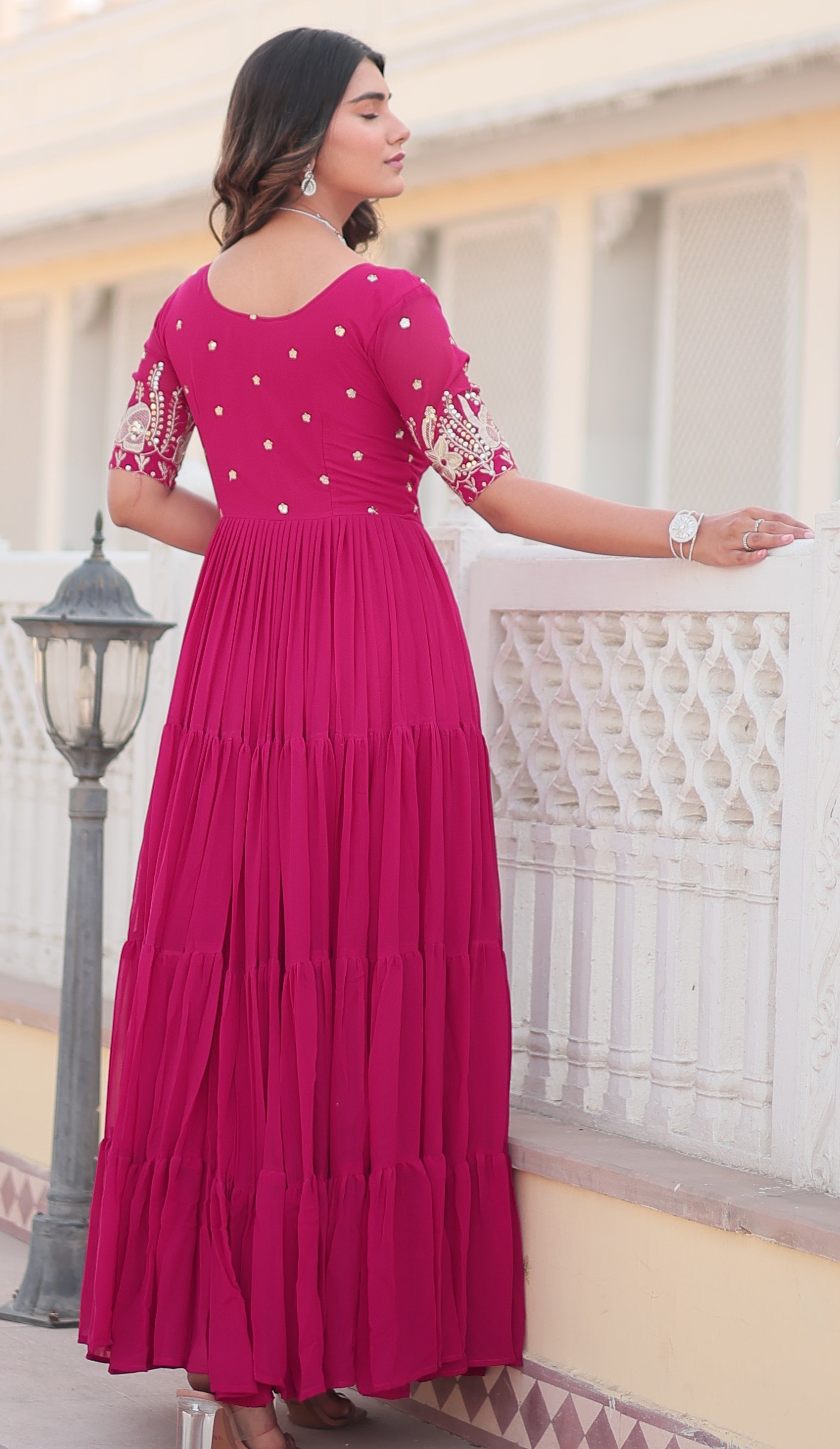 Stunning Rani Pink Tiered Georgette Anarkali Gown with Mirror Work
