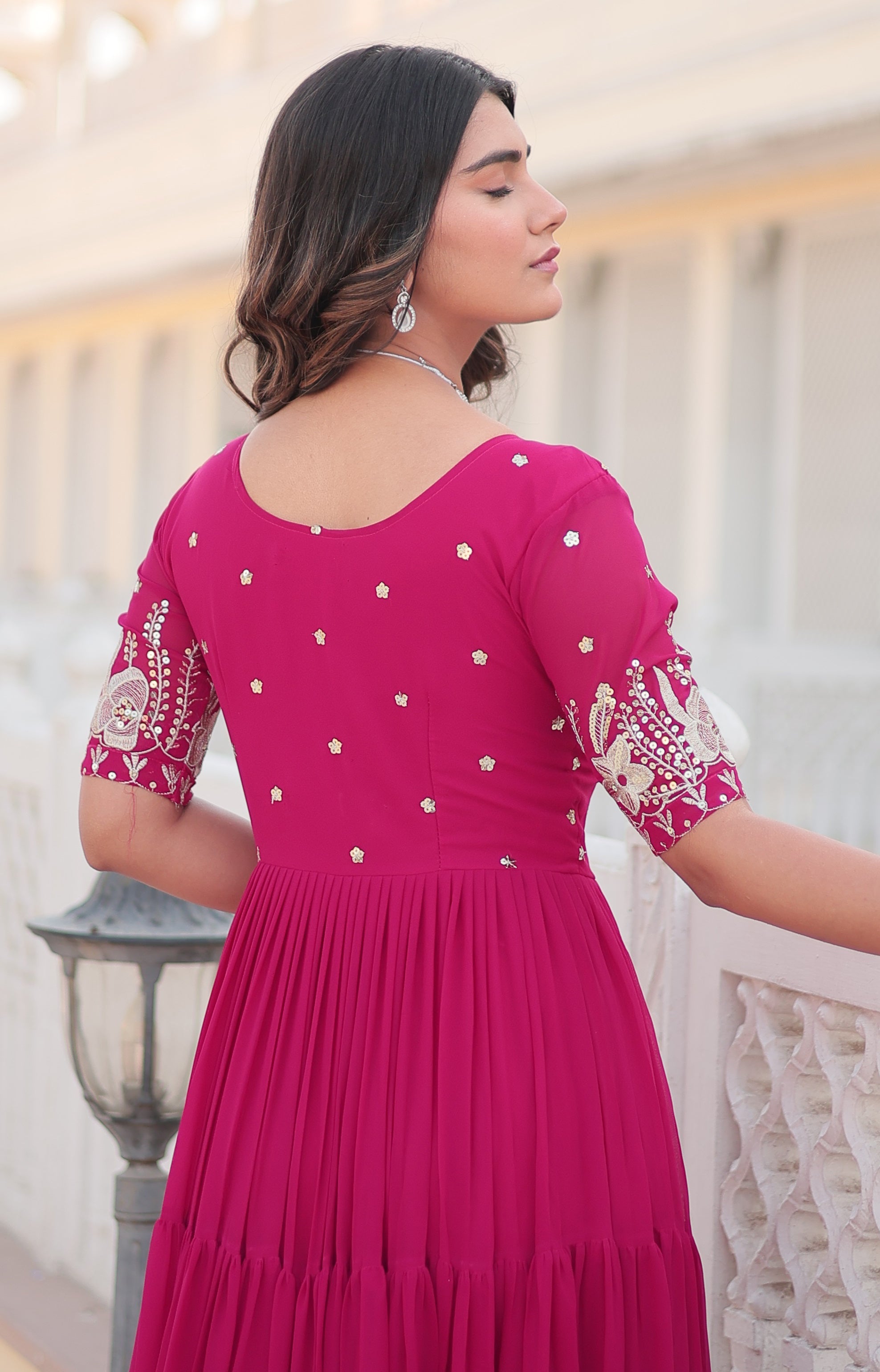 Stunning Rani Pink Tiered Georgette Anarkali Gown with Mirror Work