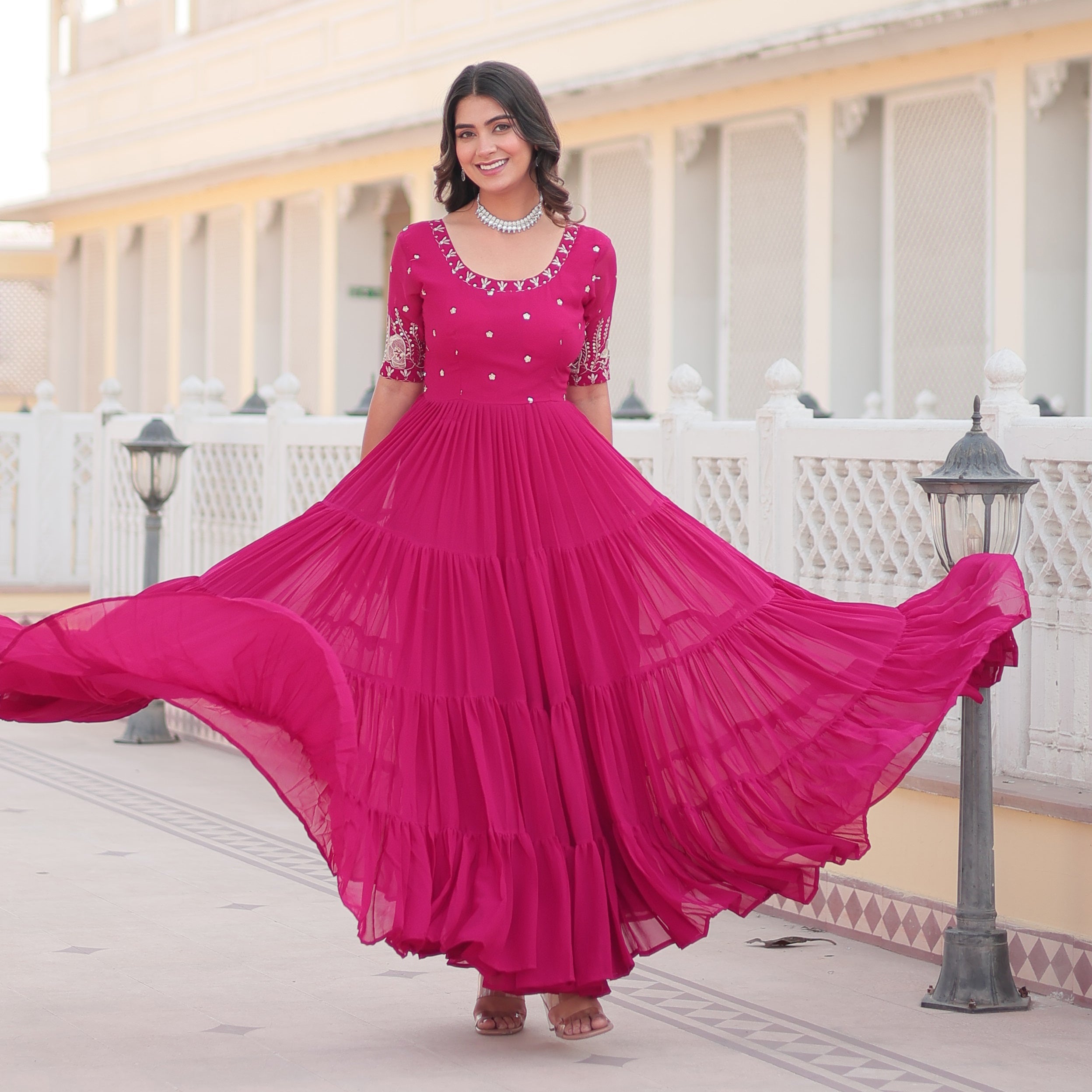 Stunning Rani Pink Tiered Georgette Anarkali Gown with Mirror Work
