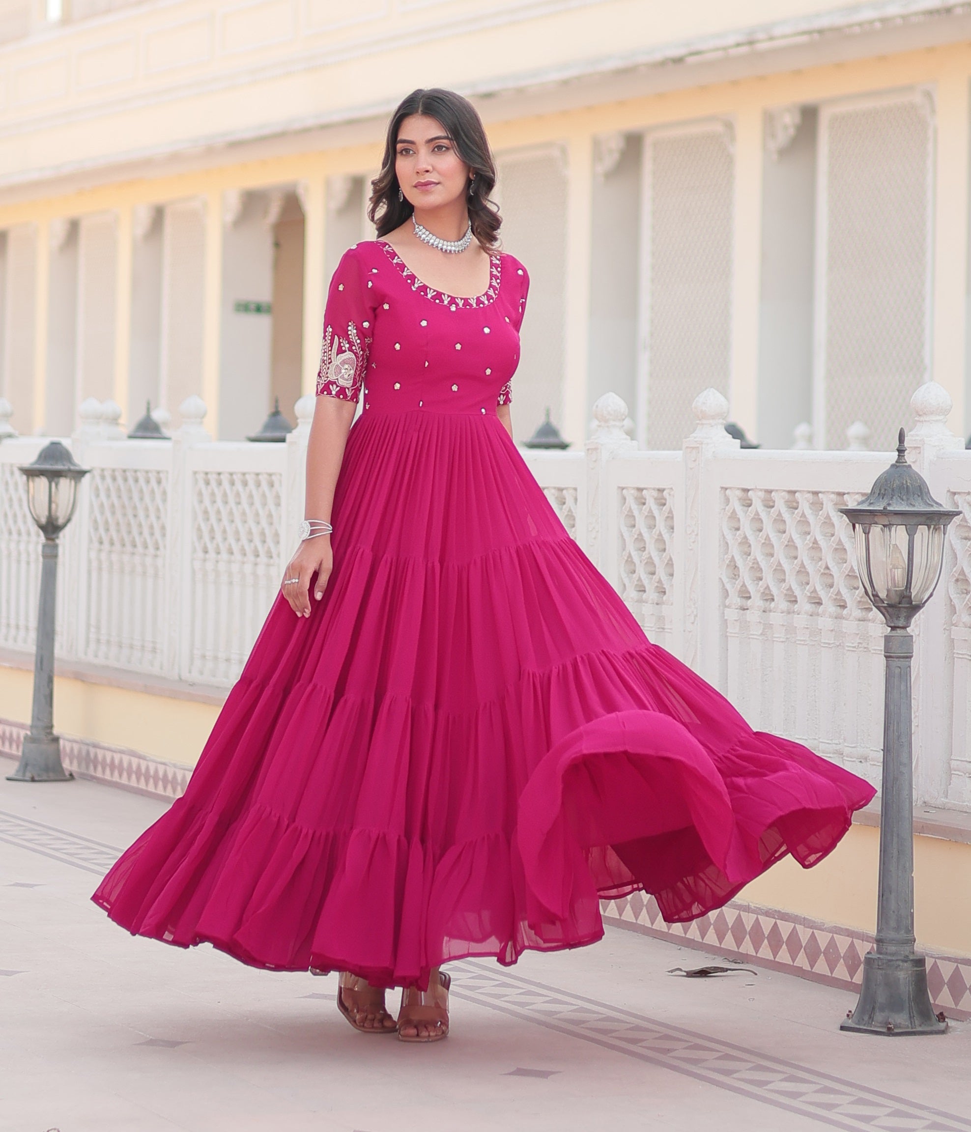 Stunning Rani Pink Tiered Georgette Anarkali Gown with Mirror Work