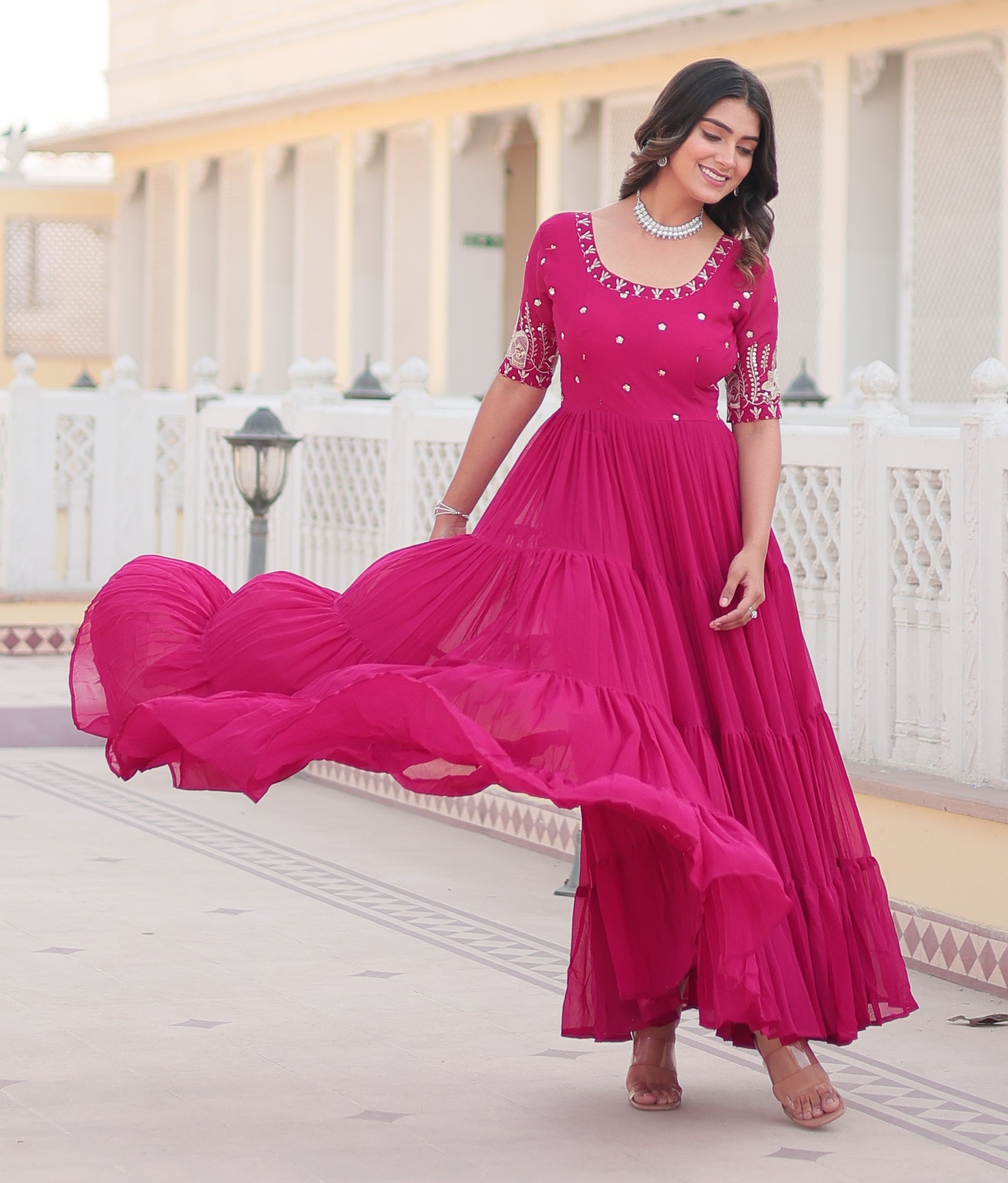 Stunning Rani Pink Tiered Georgette Anarkali Gown with Mirror Work
