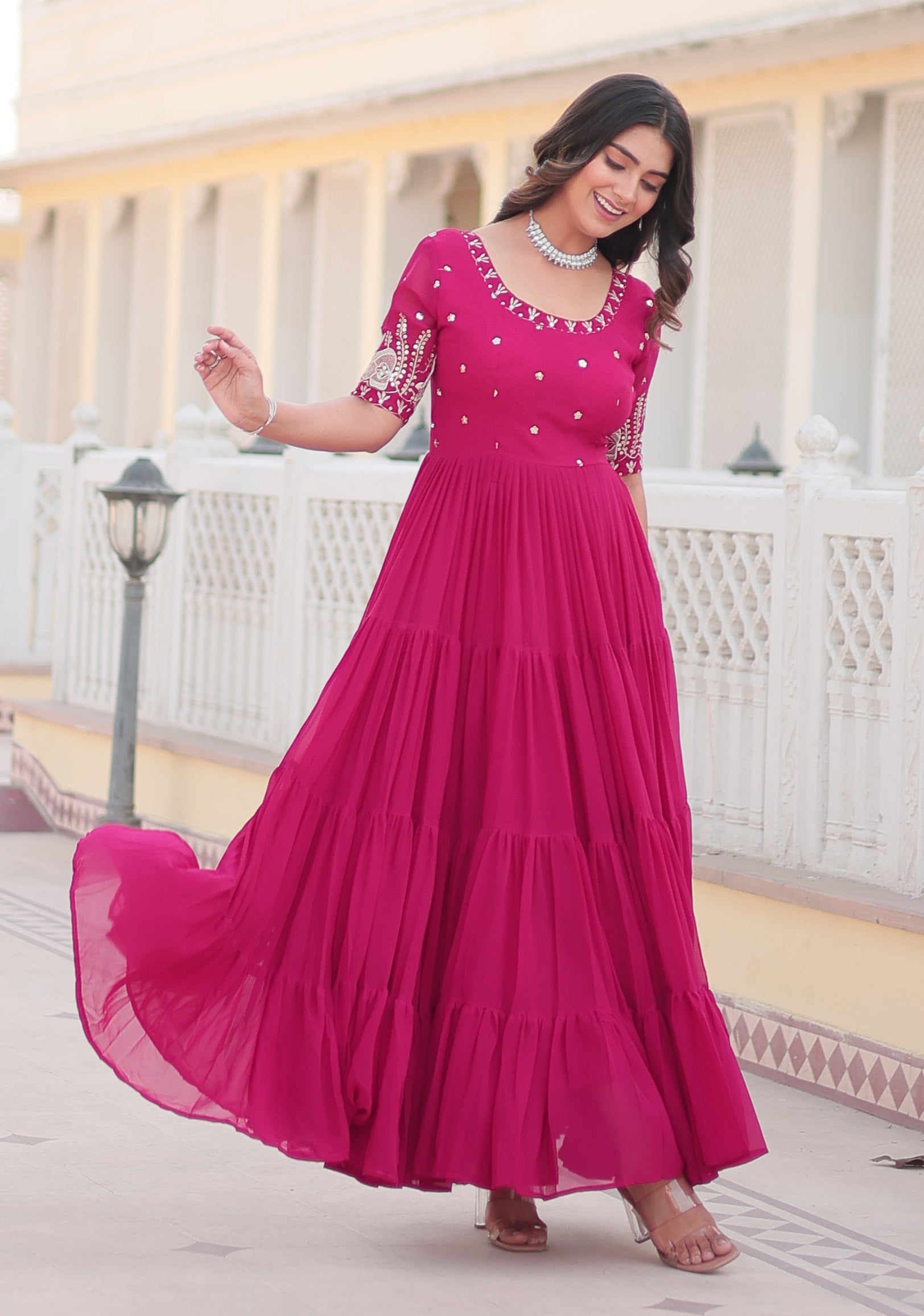 Stunning Rani Pink Tiered Georgette Anarkali Gown with Mirror Work