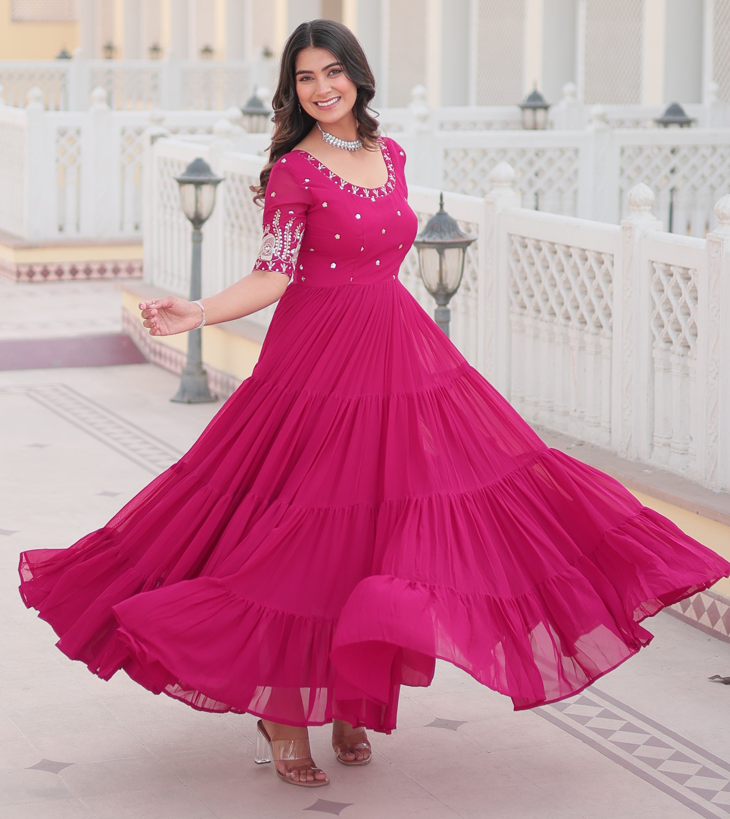 Stunning Rani Pink Tiered Georgette Anarkali Gown with Mirror Work