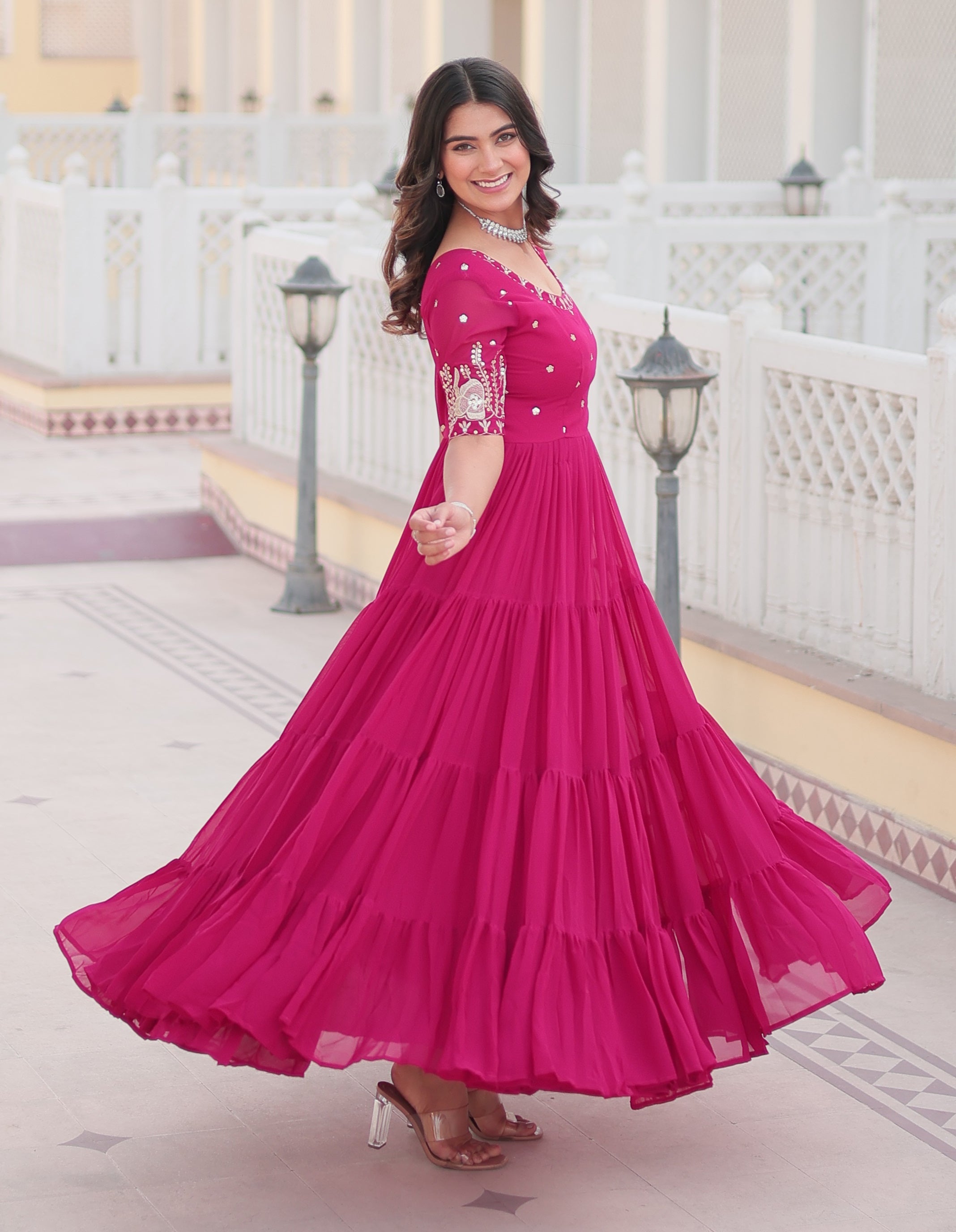 Stunning Rani Pink Tiered Georgette Anarkali Gown with Mirror Work
