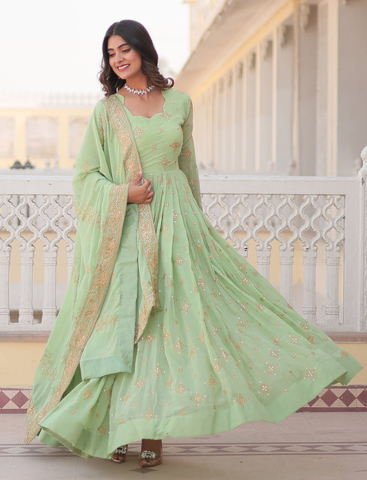 Festival Wear Cotton Pista Kurta Set With Dupatta