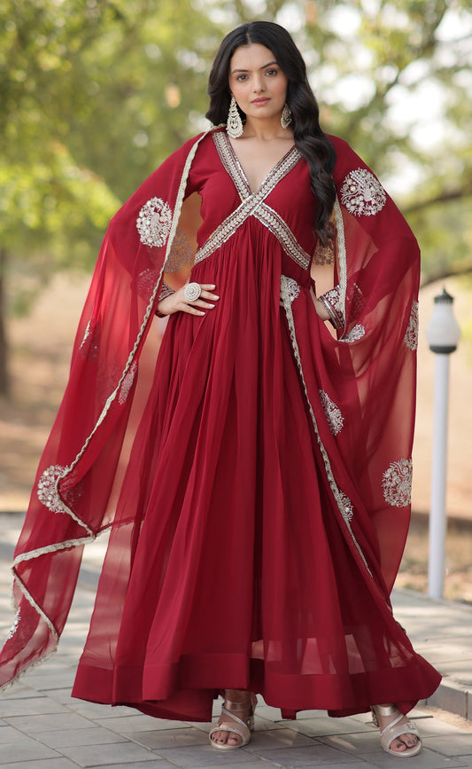 Cotton Embroidery Maroon Kurta Set With Dupatta
