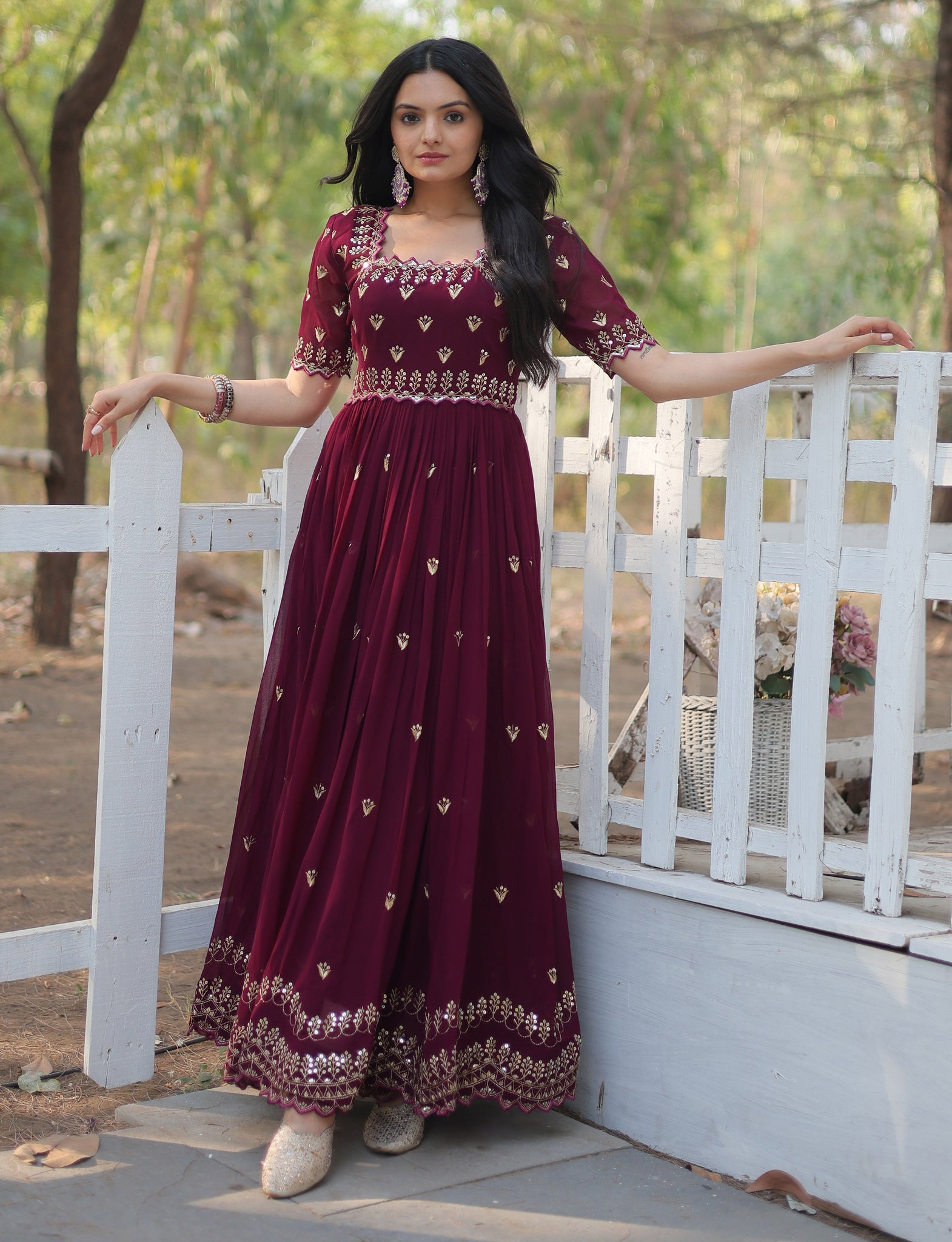 Embroidery Cotton Maroon Kurta Set