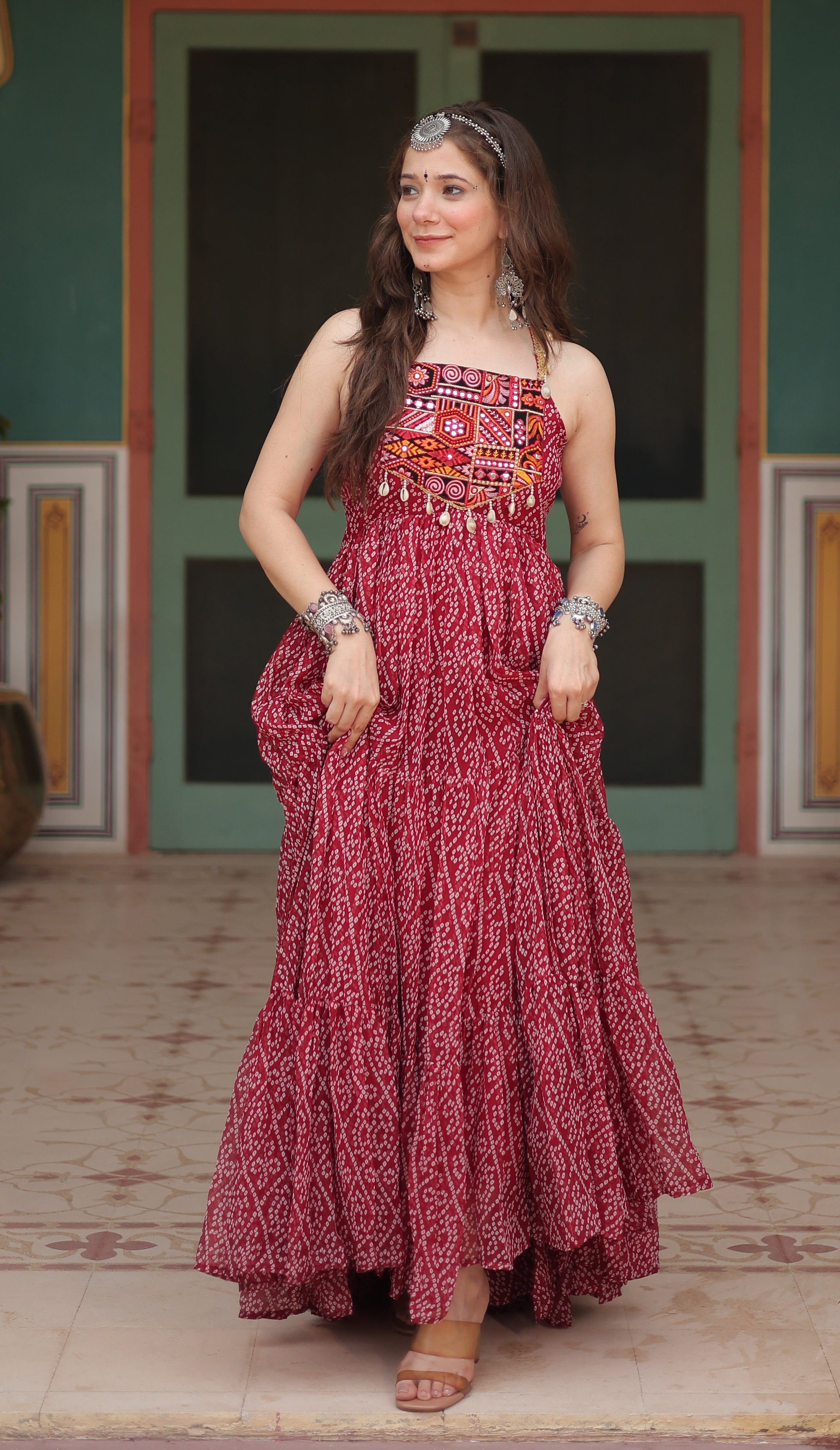 Maroon Bandhani Printed Tiered Anarkali Dress with Embroidered Halter Yoke