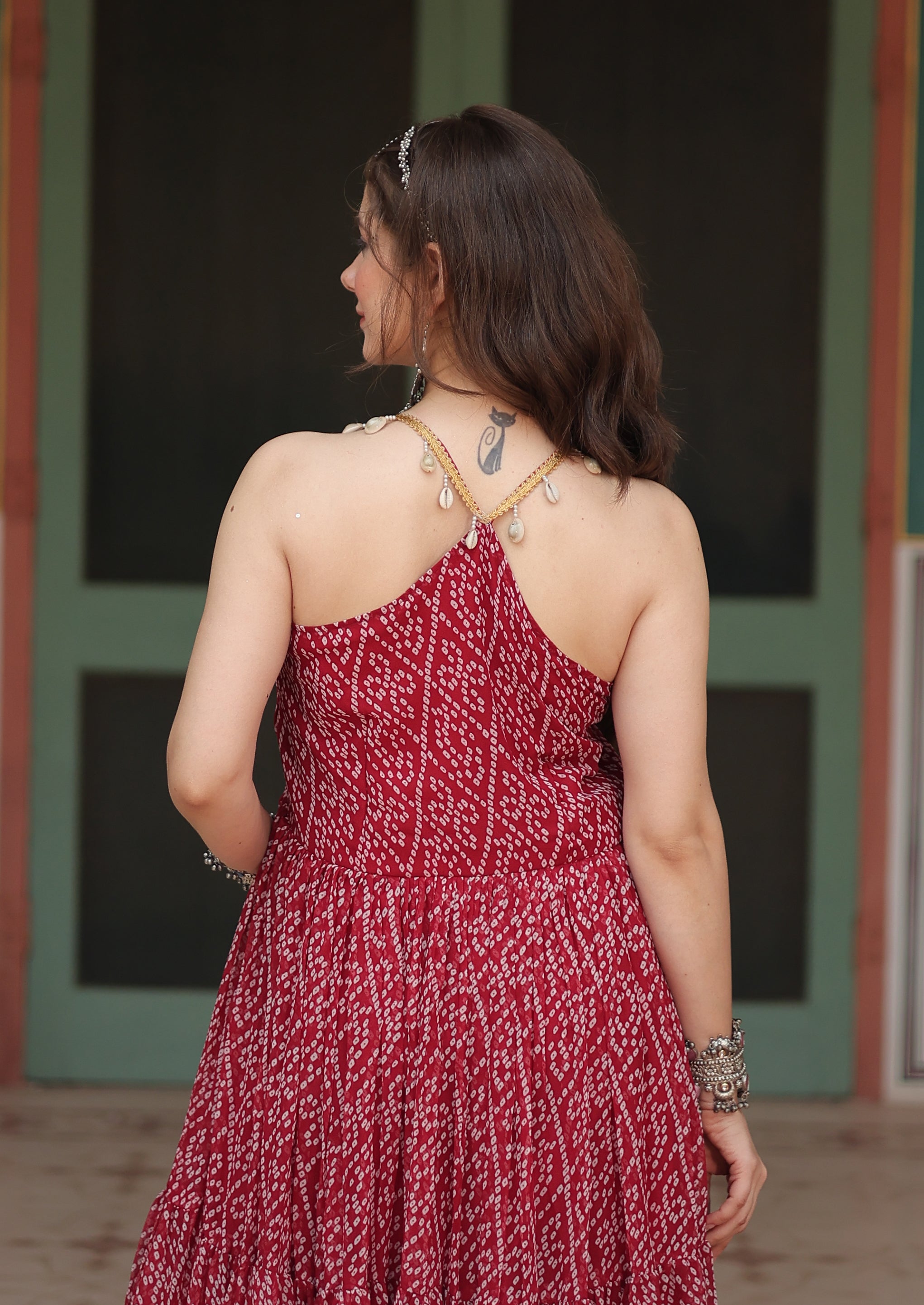 Maroon Bandhani Printed Tiered Anarkali Dress with Embroidered Halter Yoke