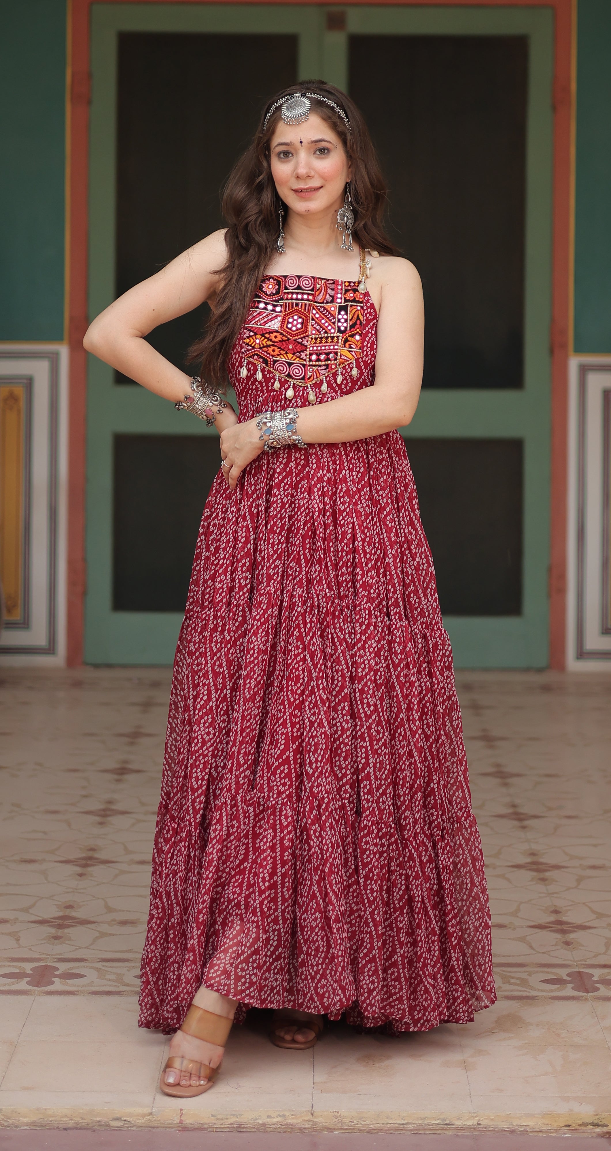Maroon Bandhani Printed Tiered Anarkali Dress with Embroidered Halter Yoke