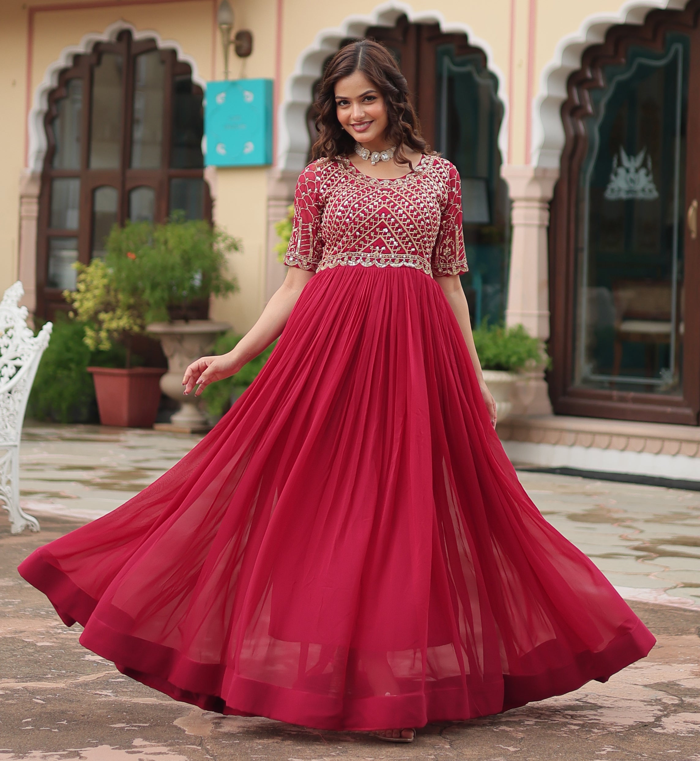 Embroidered Georgette Anarkali Gown Dress with Sequined Bodice