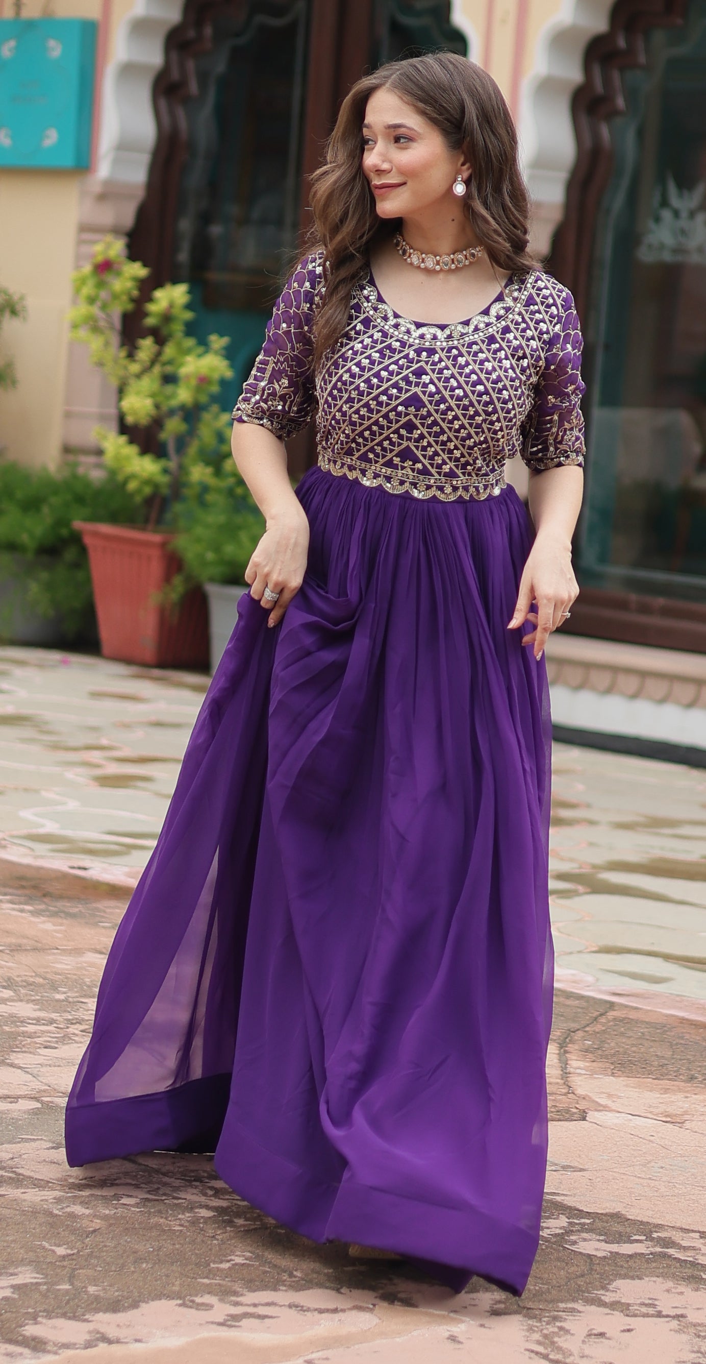 Embroidered Georgette Anarkali Gown Dress with Sequined Bodice