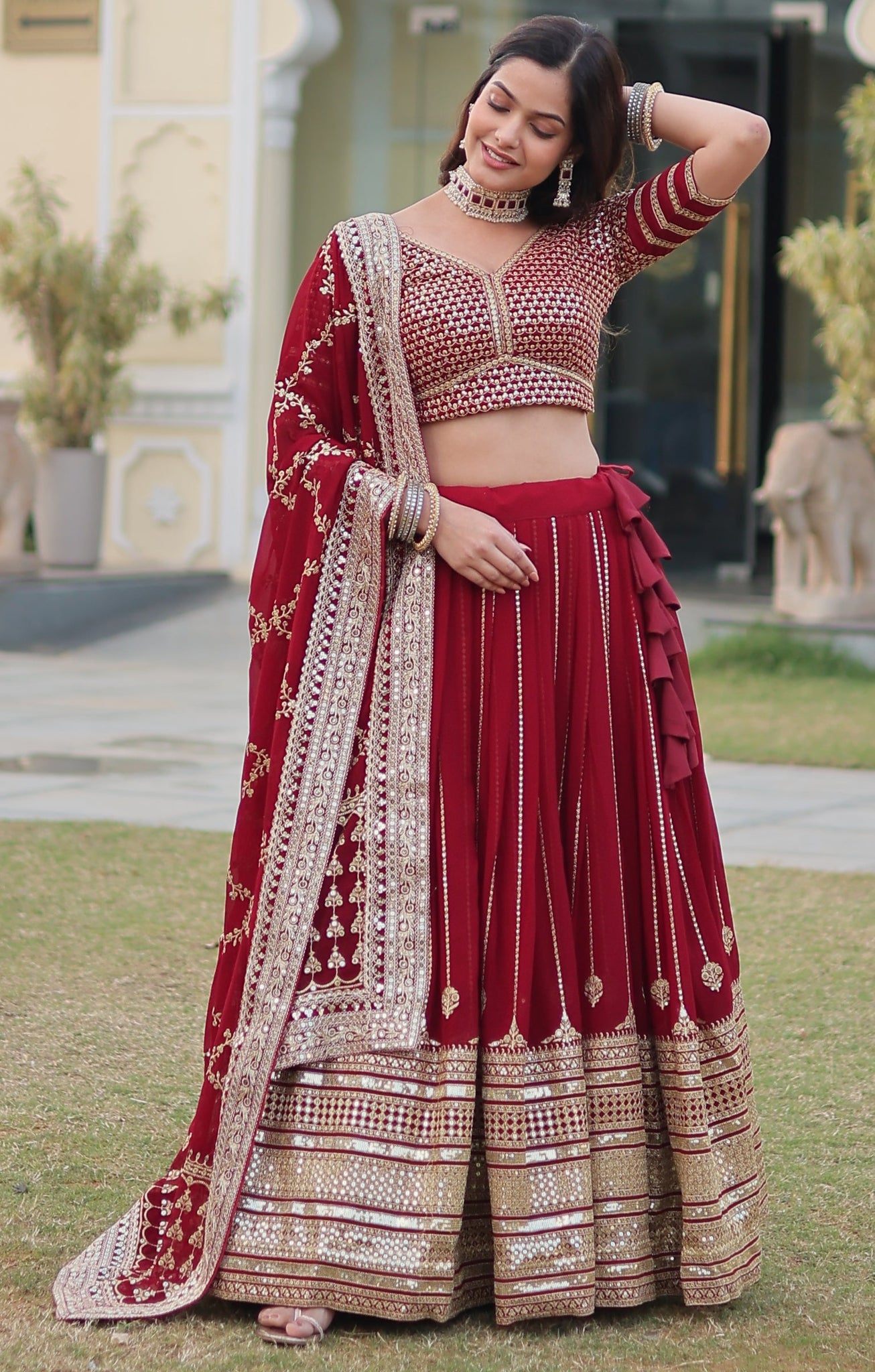 Party Wear Georgette Red Lehenga Choli