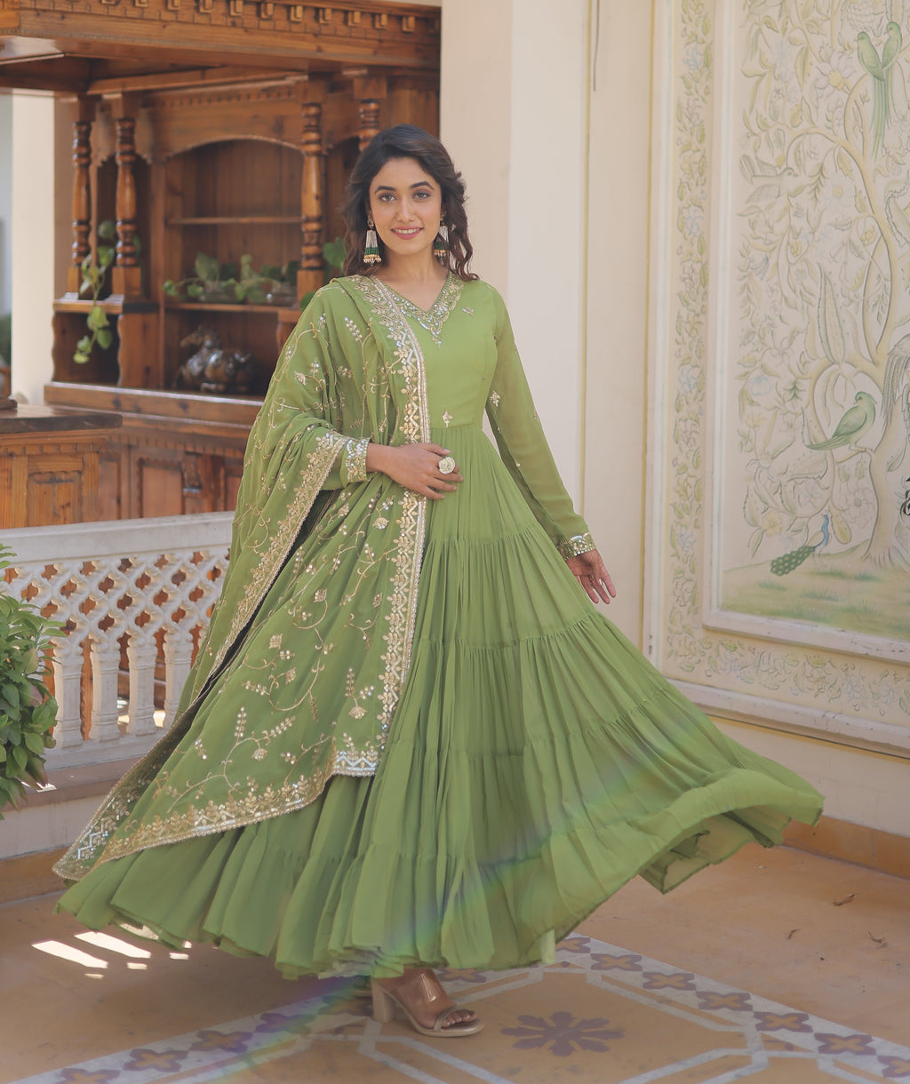 Elegant Pista Green Tiered Anarkali Gown with Gota Patti Dupatta
