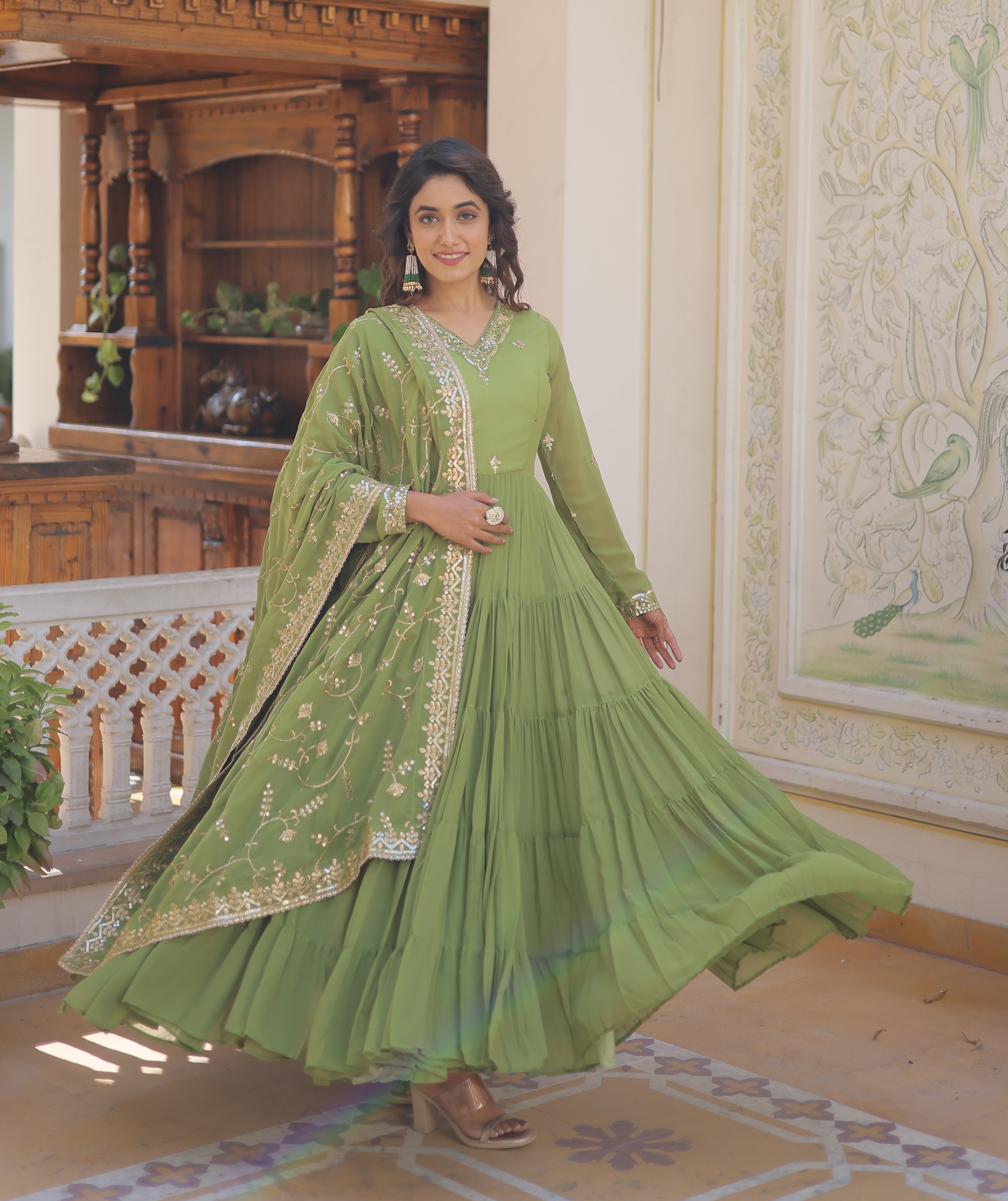 Elegant Pista Green Tiered Anarkali Gown with Gota Patti Dupatta
