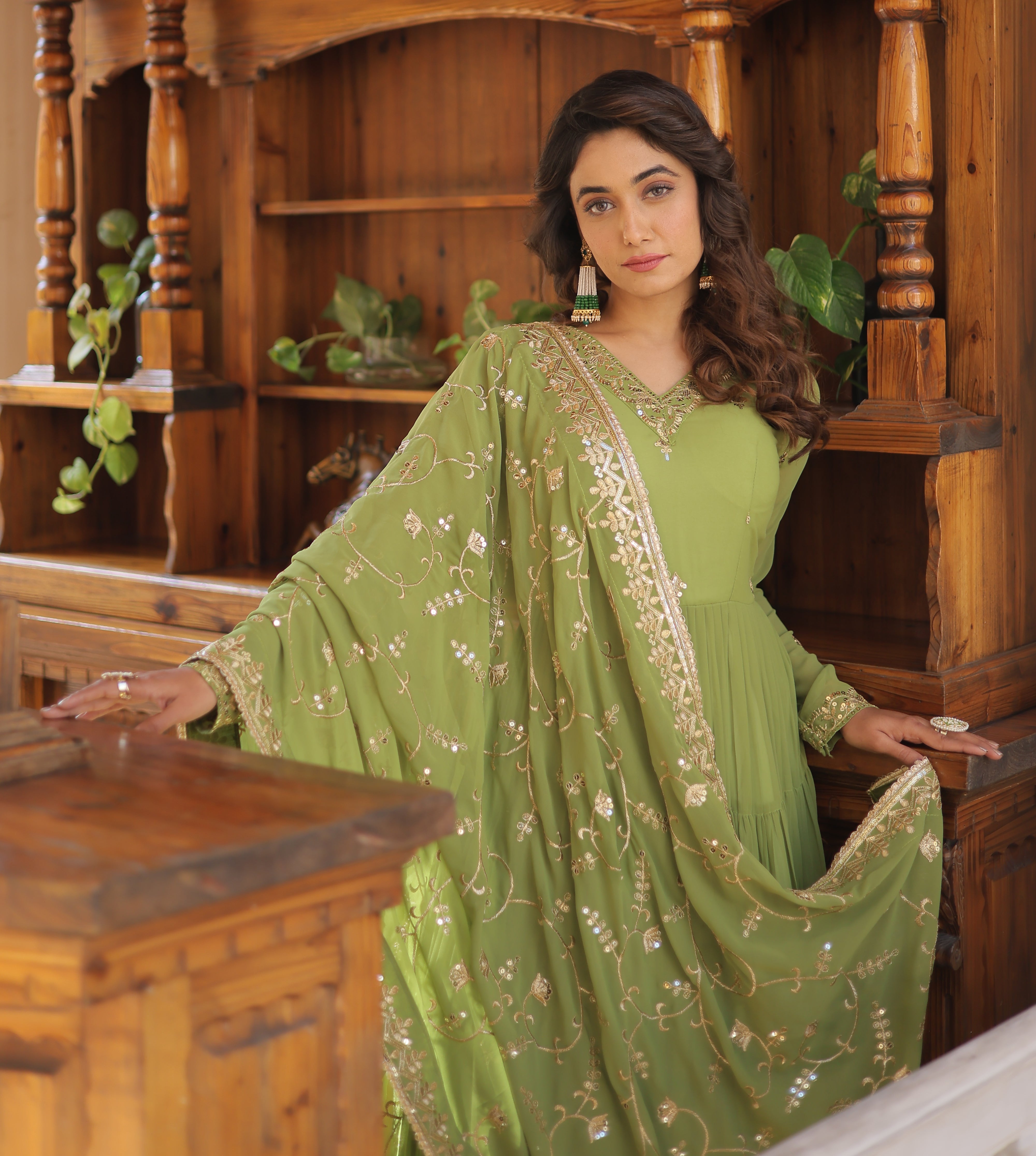 Elegant Pista Green Tiered Anarkali Gown with Gota Patti Dupatta