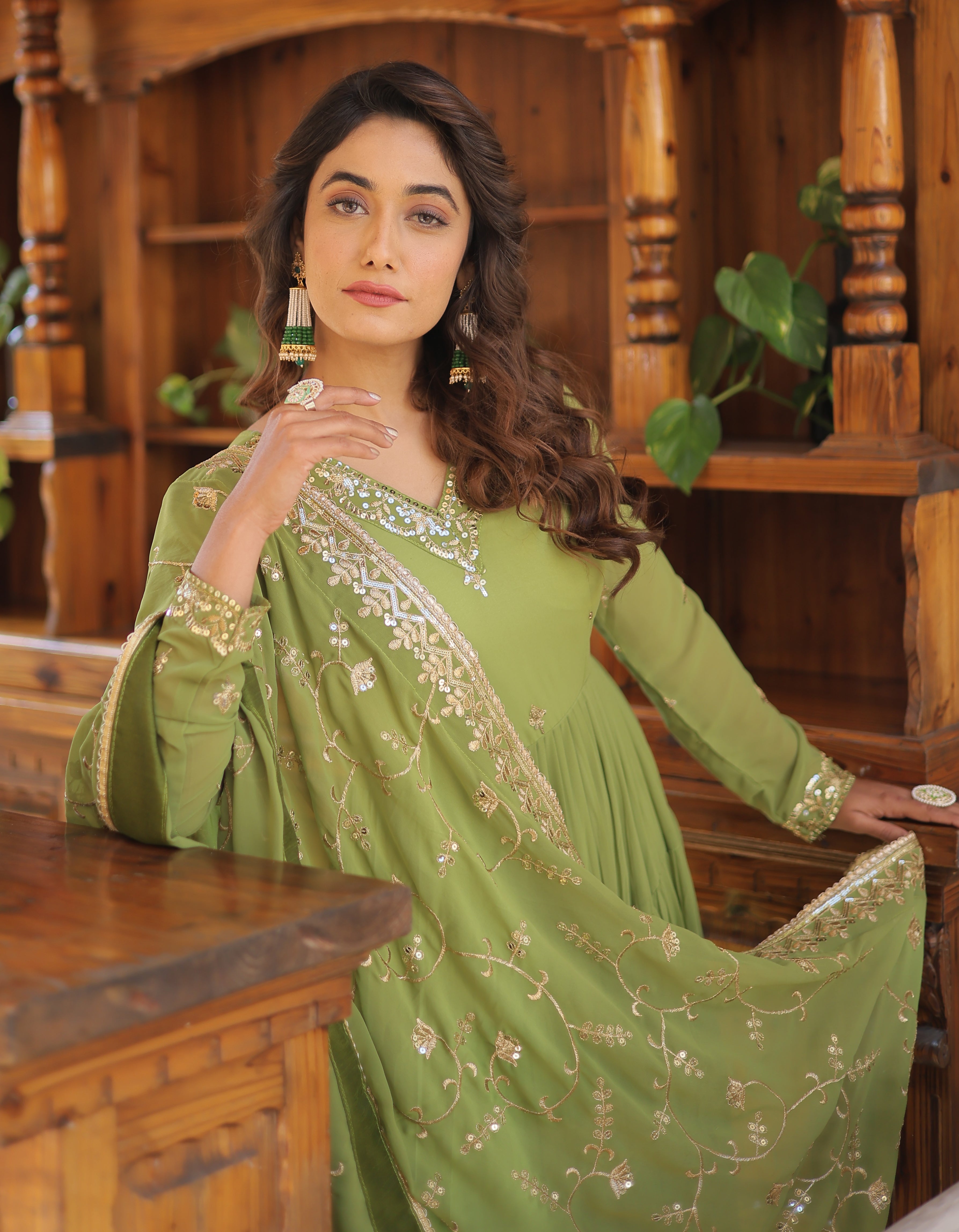 Elegant Pista Green Tiered Anarkali Gown with Gota Patti Dupatta