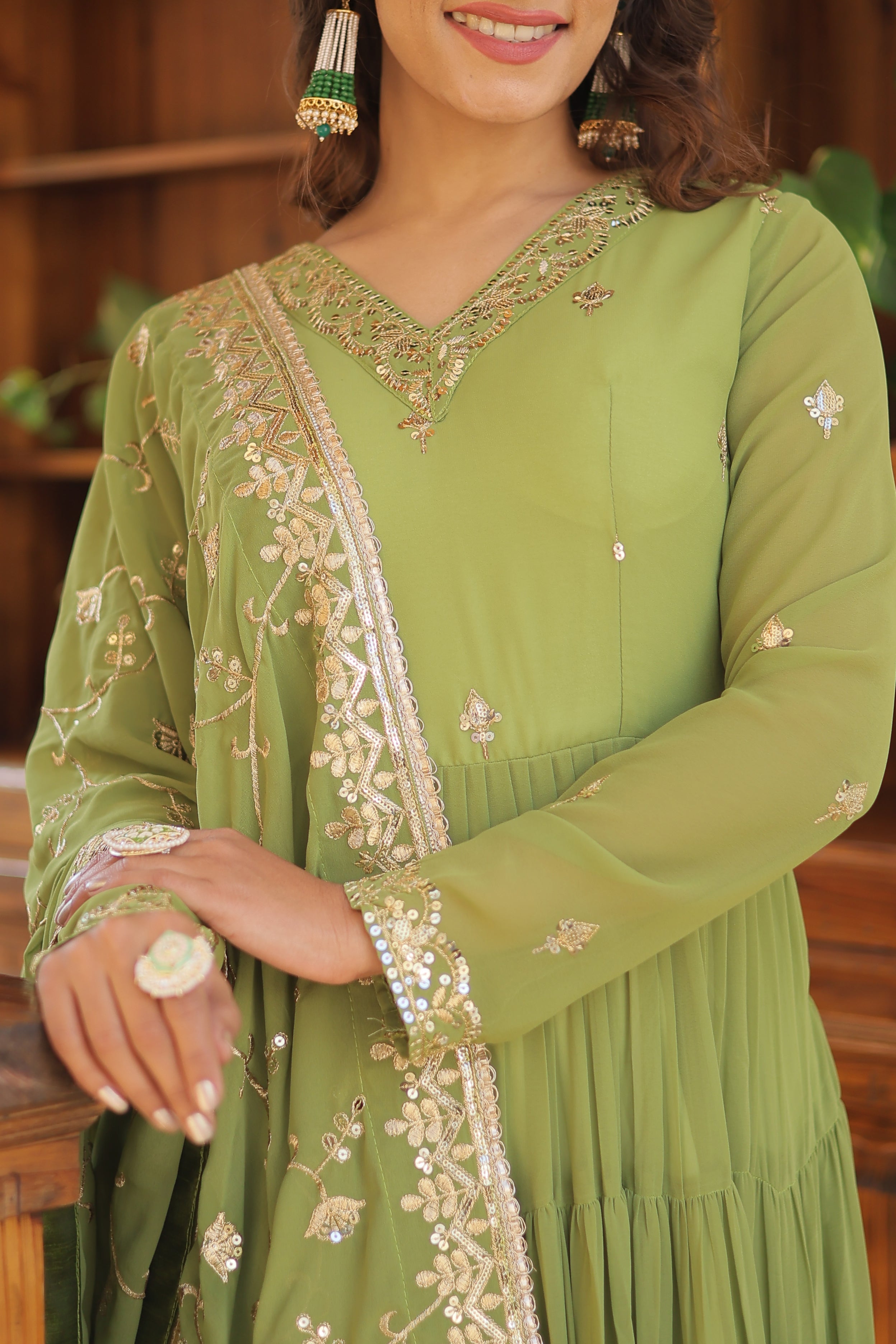 Elegant Pista Green Tiered Anarkali Gown with Gota Patti Dupatta