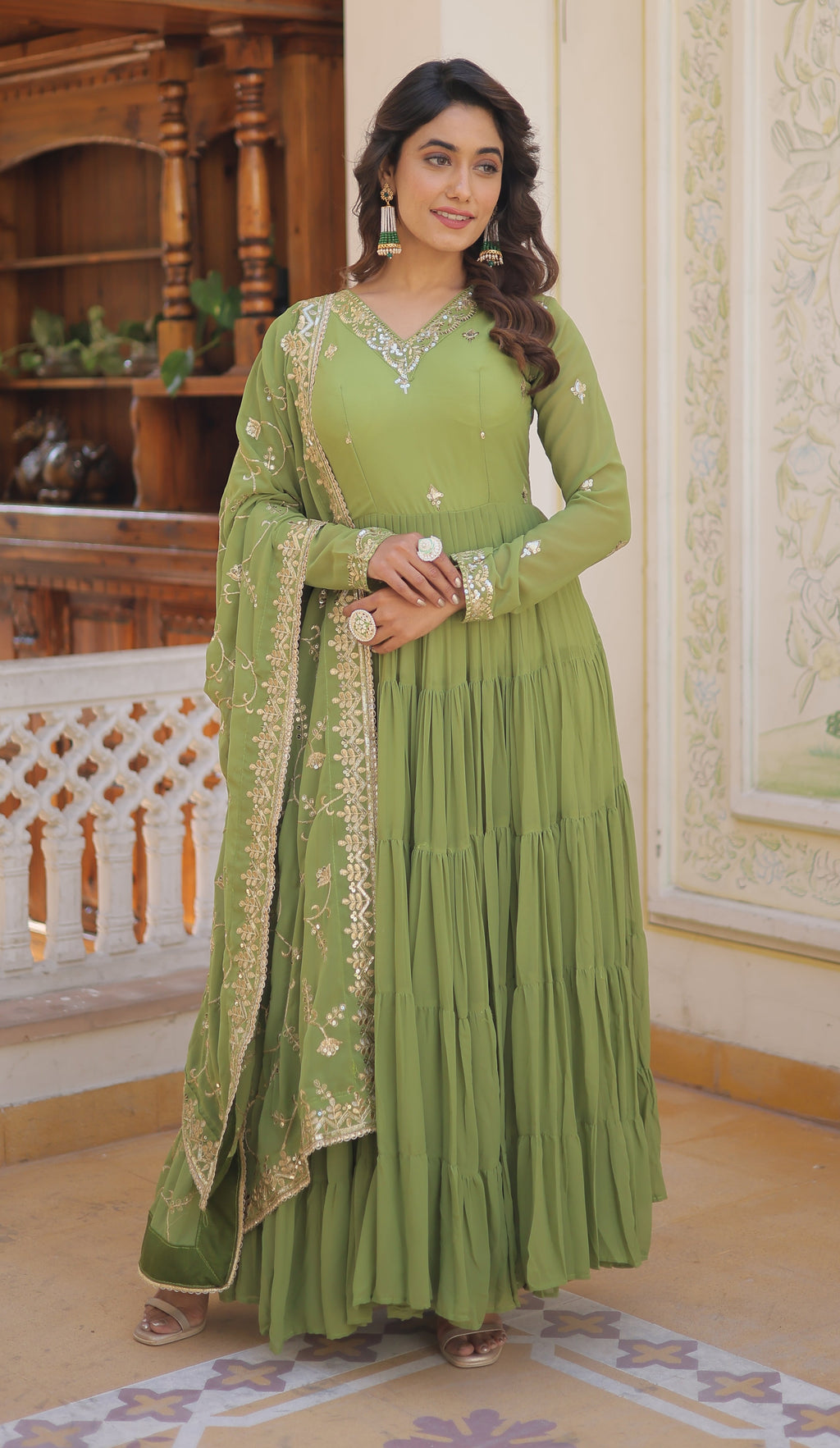 Elegant Pista Green Tiered Anarkali Gown with Gota Patti Dupatta