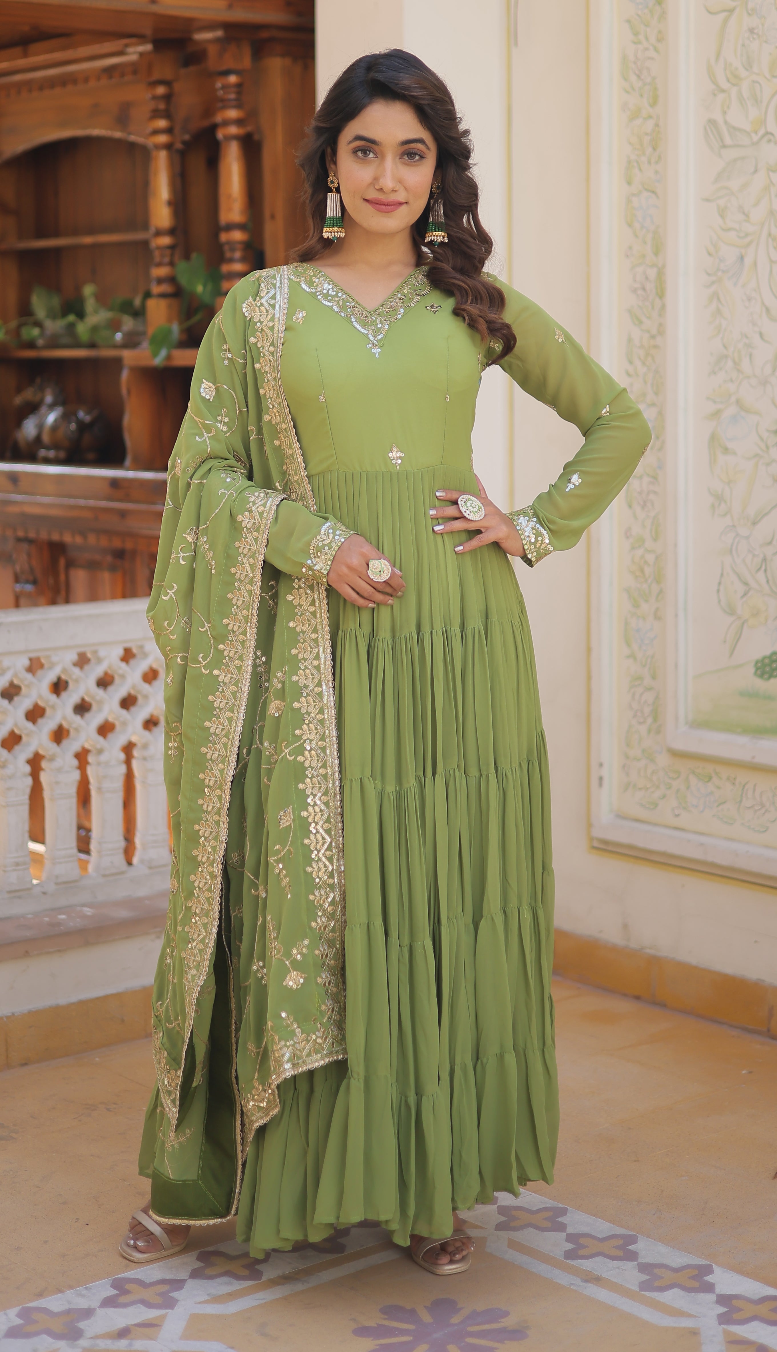 Elegant Pista Green Tiered Anarkali Gown with Gota Patti Dupatta