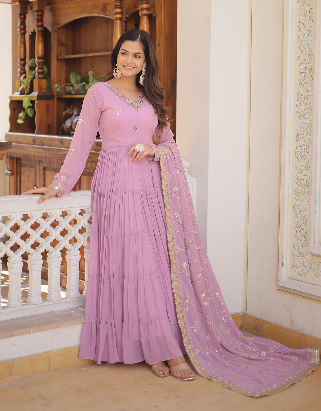 Graceful Lavender Tiered Anarkali Gown with Embroidered Dupatta