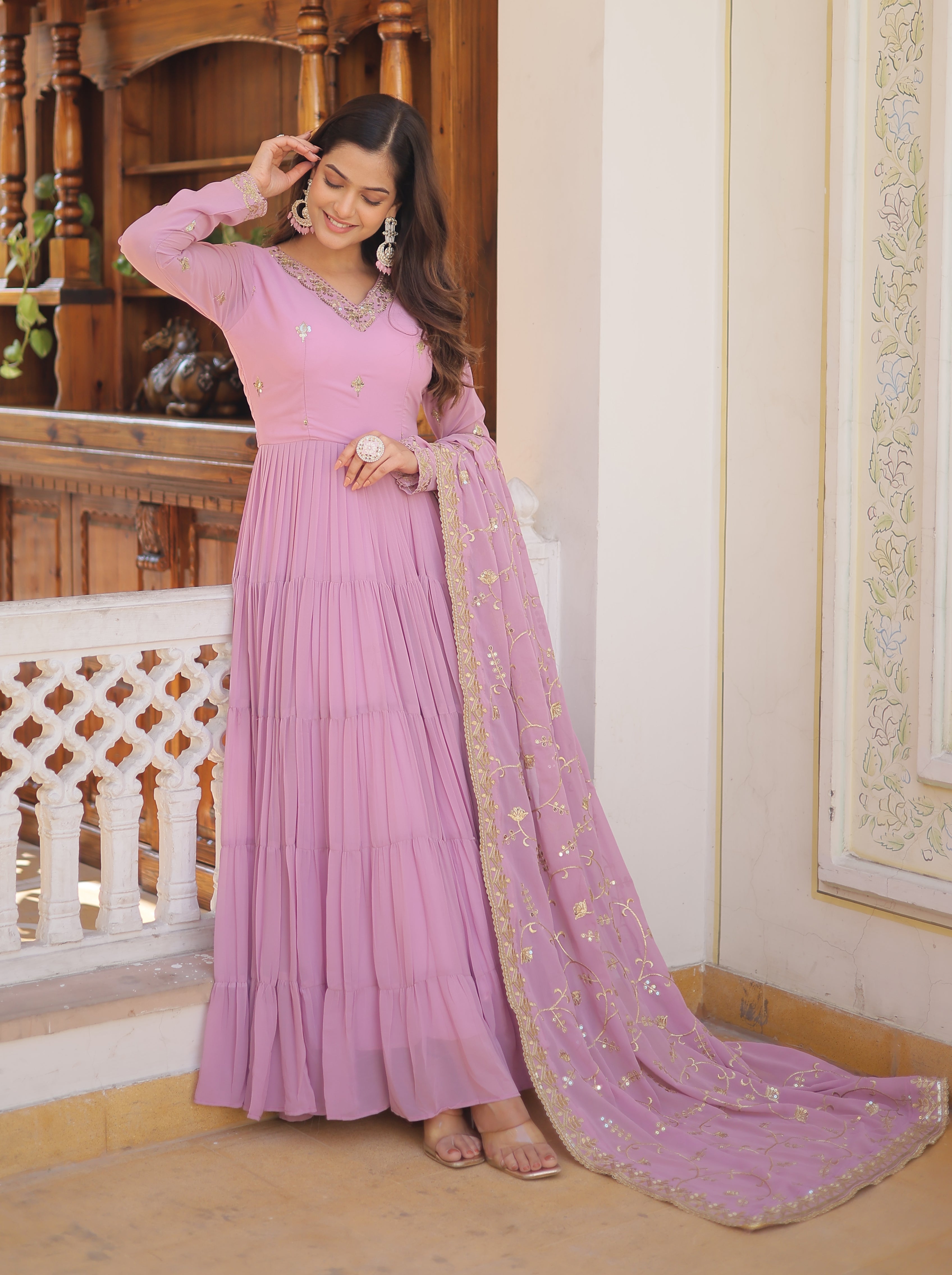 Graceful Lavender Tiered Anarkali Gown with Embroidered Dupatta