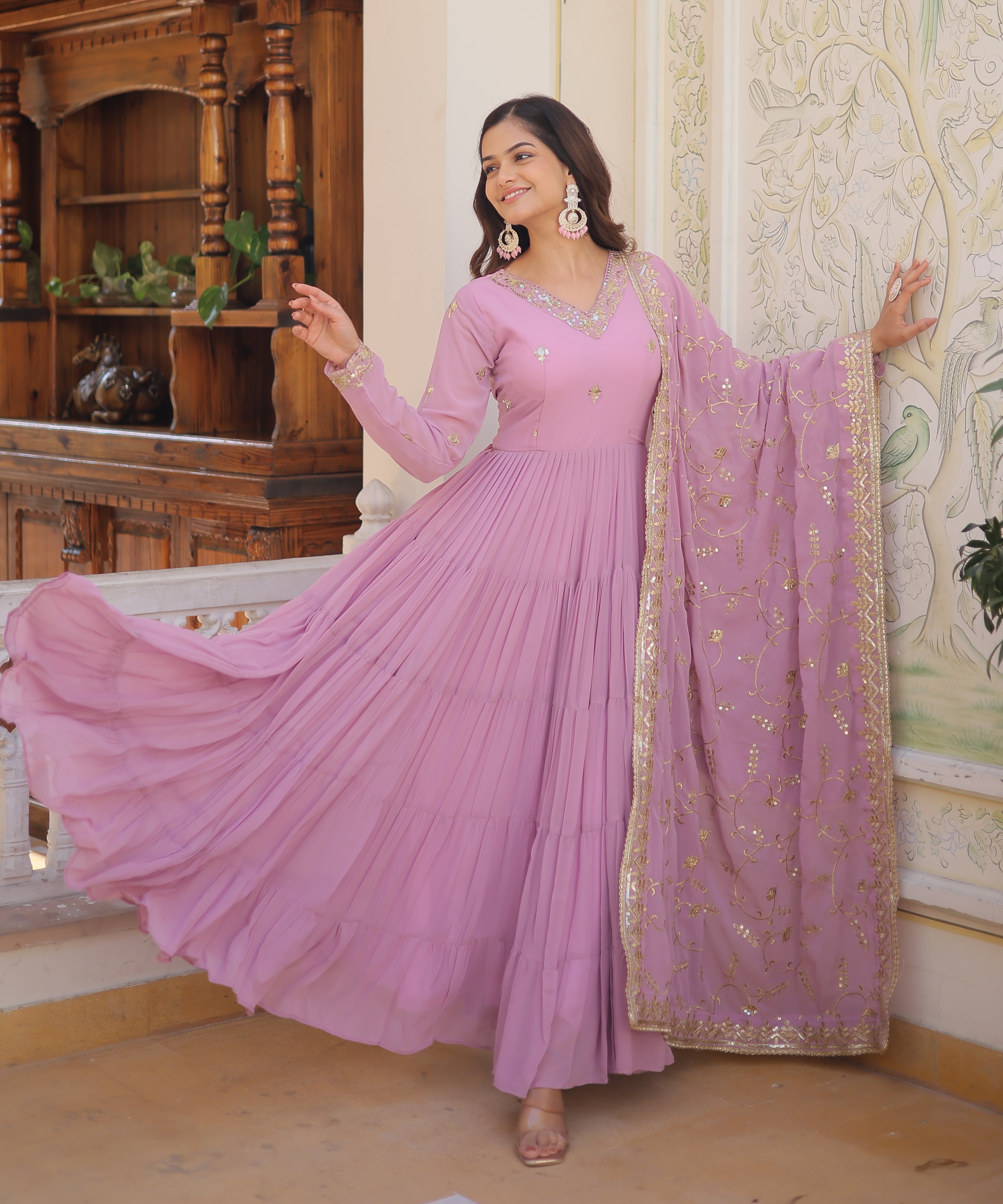 Graceful Lavender Tiered Anarkali Gown with Embroidered Dupatta