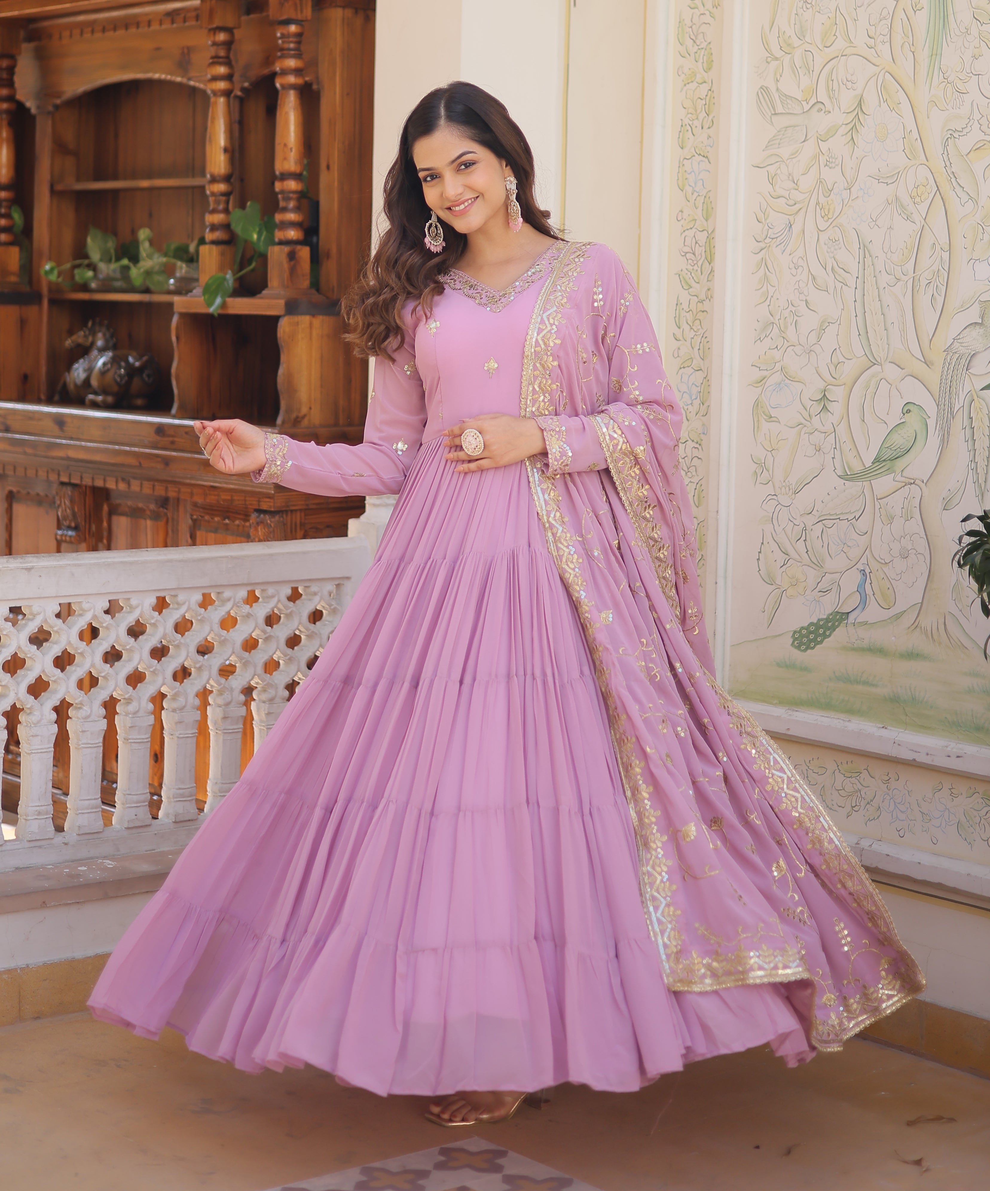 Graceful Lavender Tiered Anarkali Gown with Embroidered Dupatta