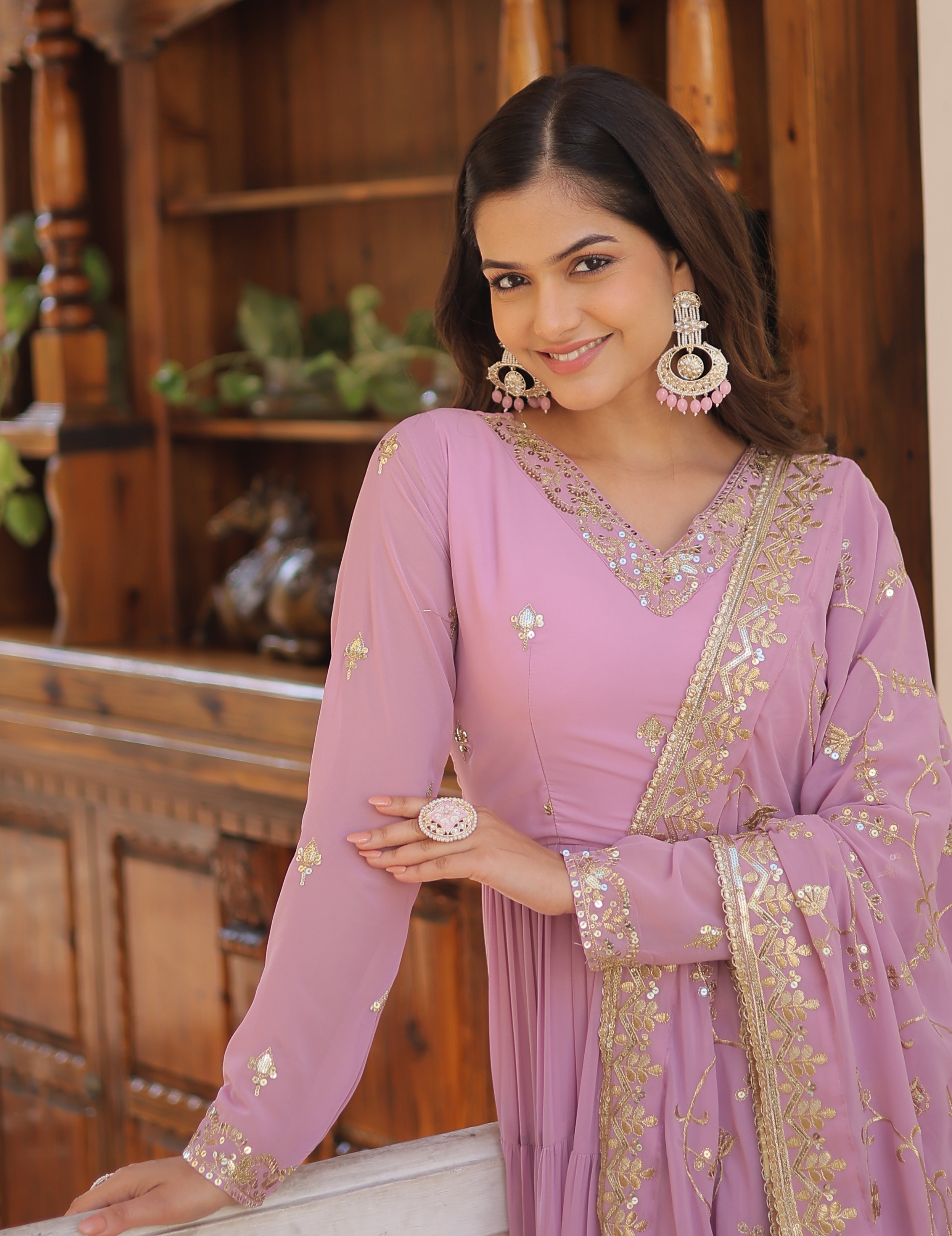Graceful Lavender Tiered Anarkali Gown with Embroidered Dupatta