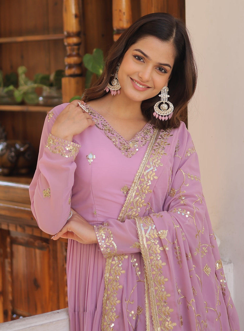 Graceful Lavender Tiered Anarkali Gown with Embroidered Dupatta