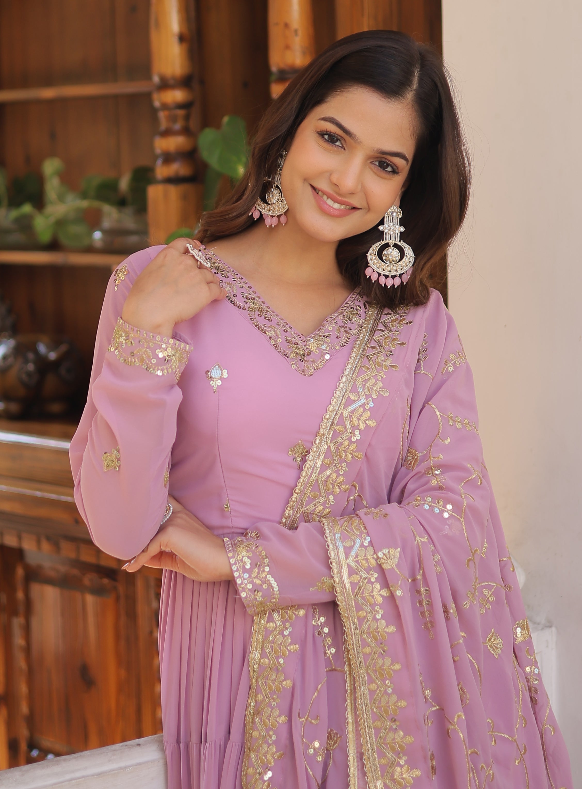 Graceful Lavender Tiered Anarkali Gown with Embroidered Dupatta