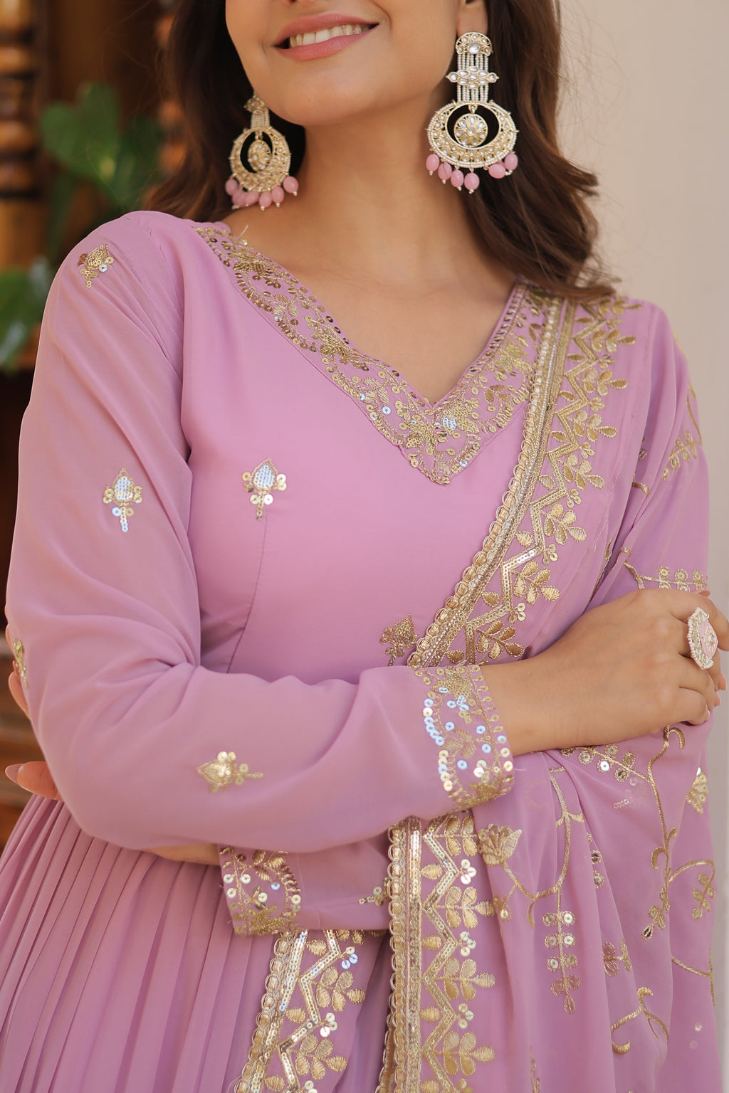 Graceful Lavender Tiered Anarkali Gown with Embroidered Dupatta