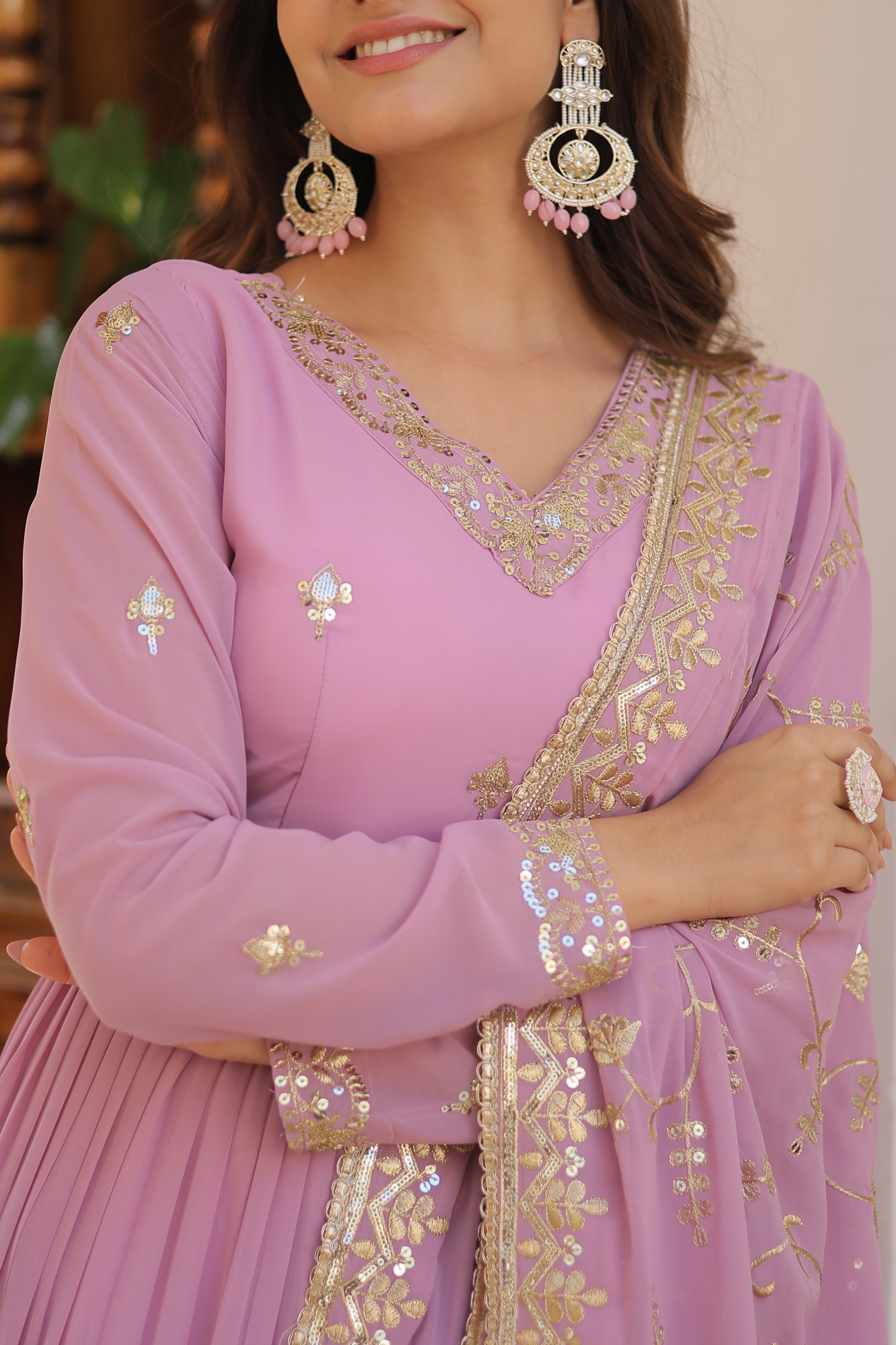 Graceful Lavender Tiered Anarkali Gown with Embroidered Dupatta