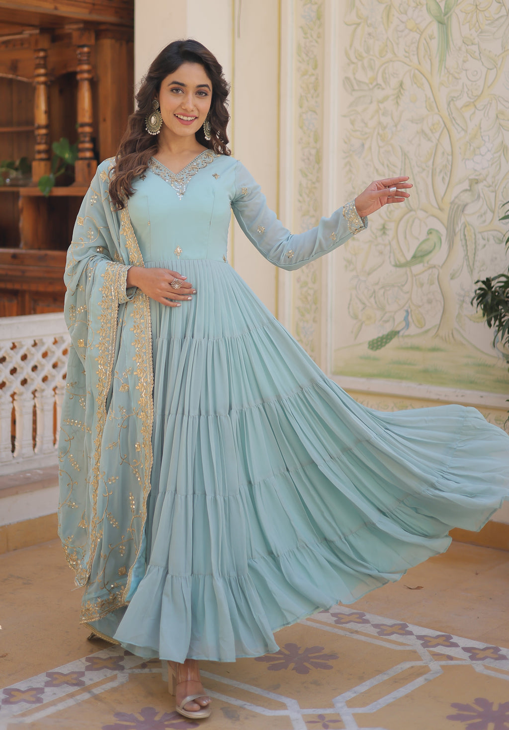 Ethereal Sky Blue Tiered Anarkali Gown with Zari Embroidered Dupatta