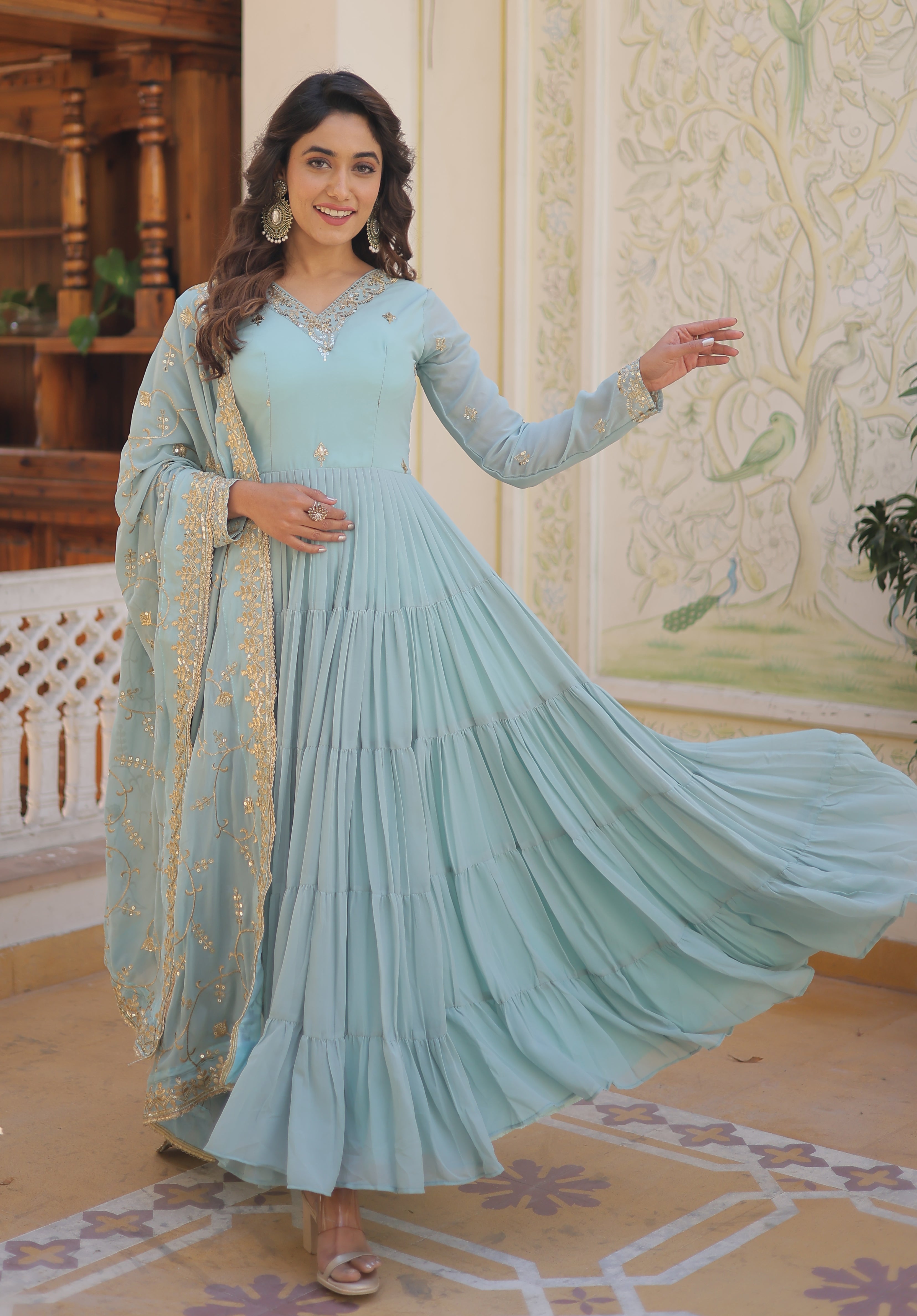 Ethereal Sky Blue Tiered Anarkali Gown with Zari Embroidered Dupatta