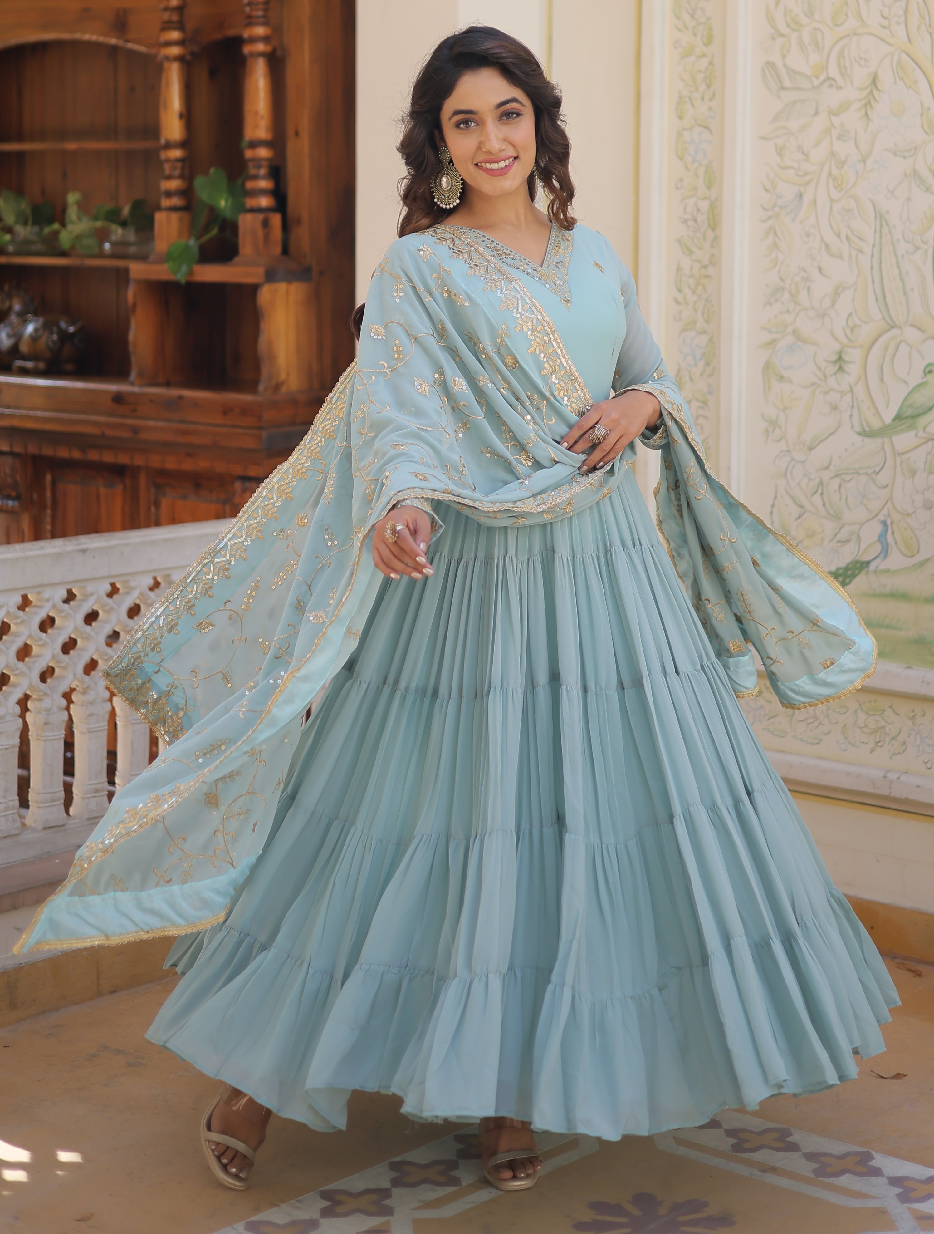 Ethereal Sky Blue Tiered Anarkali Gown with Zari Embroidered Dupatta