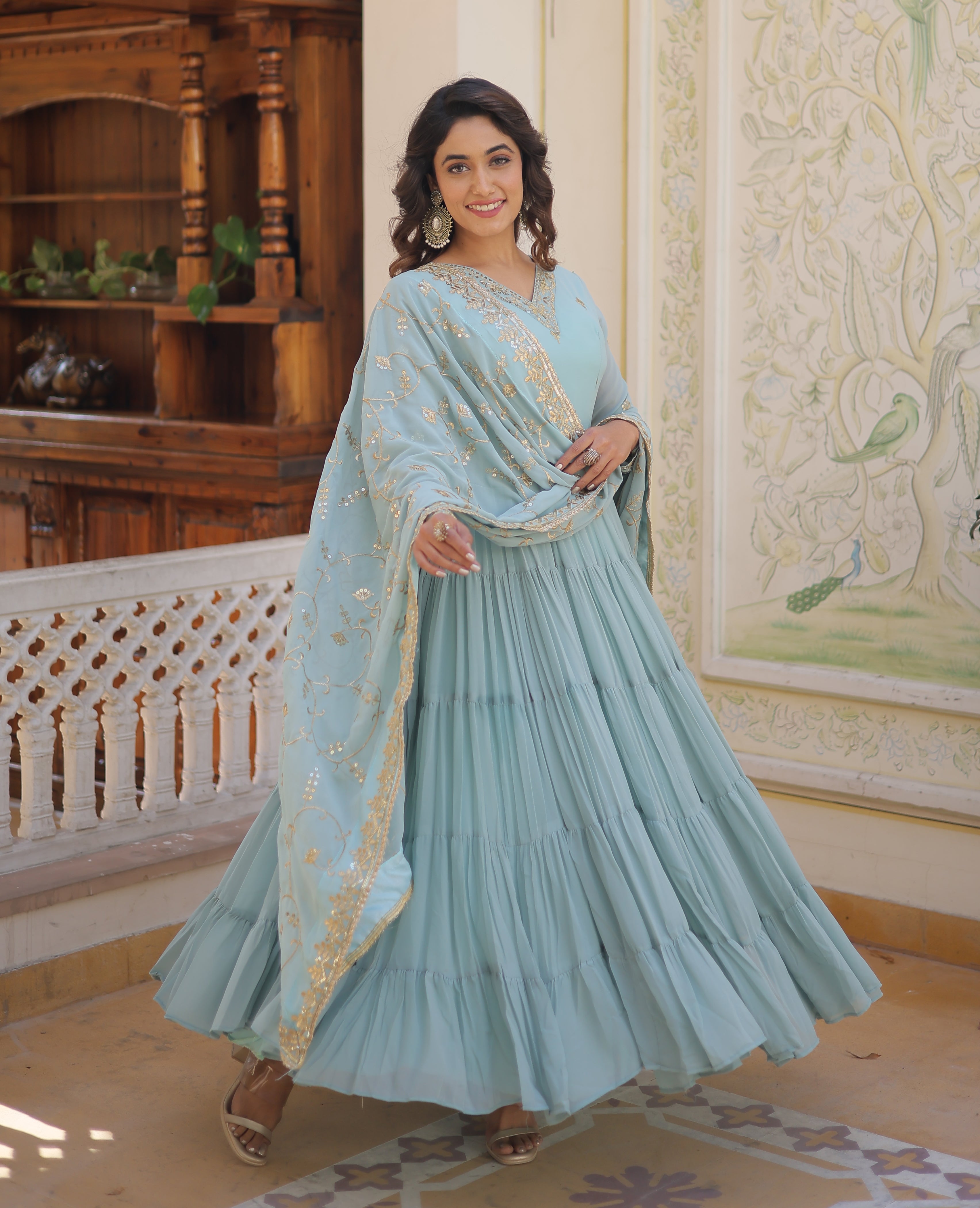 Ethereal Sky Blue Tiered Anarkali Gown with Zari Embroidered Dupatta