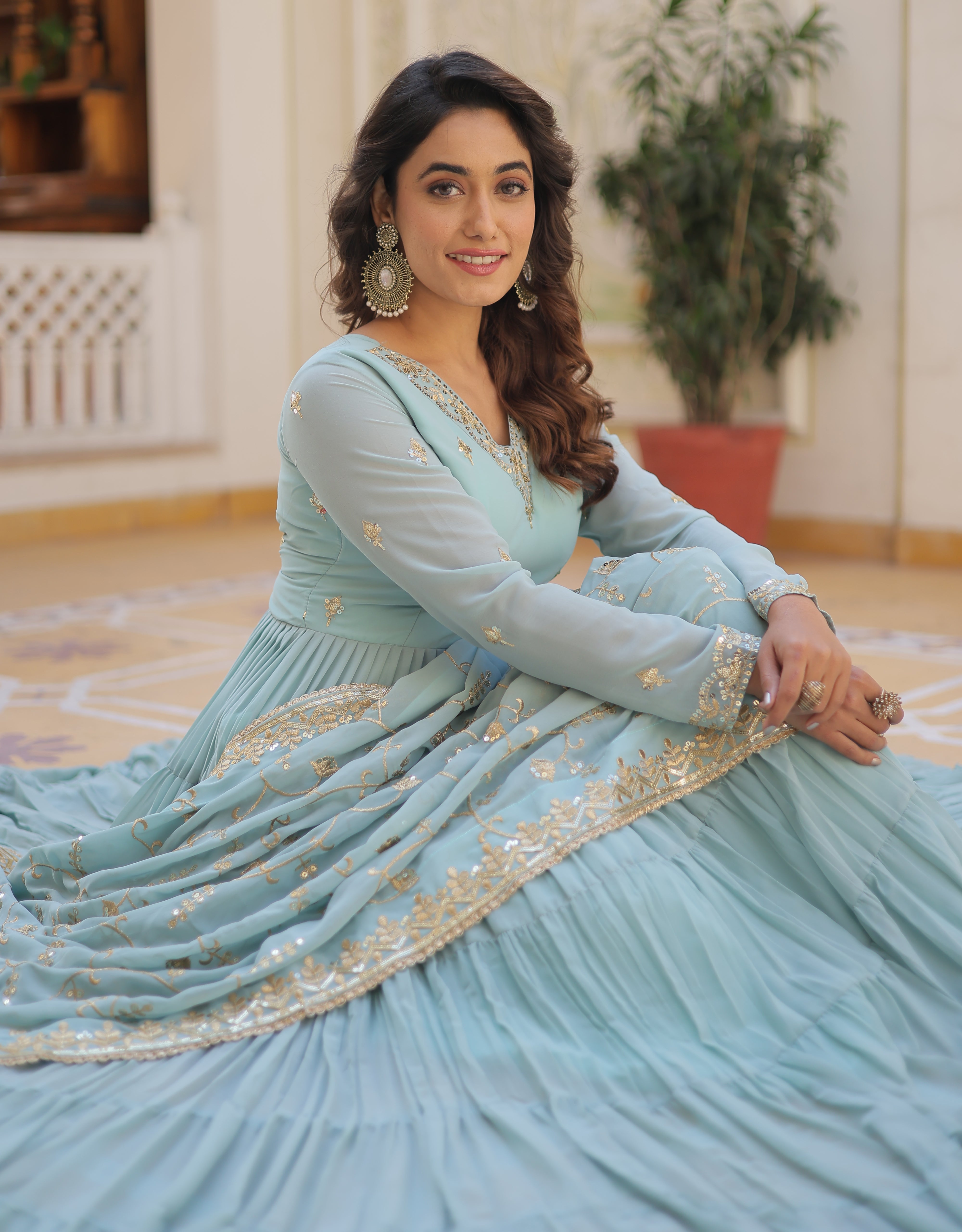 Ethereal Sky Blue Tiered Anarkali Gown with Zari Embroidered Dupatta
