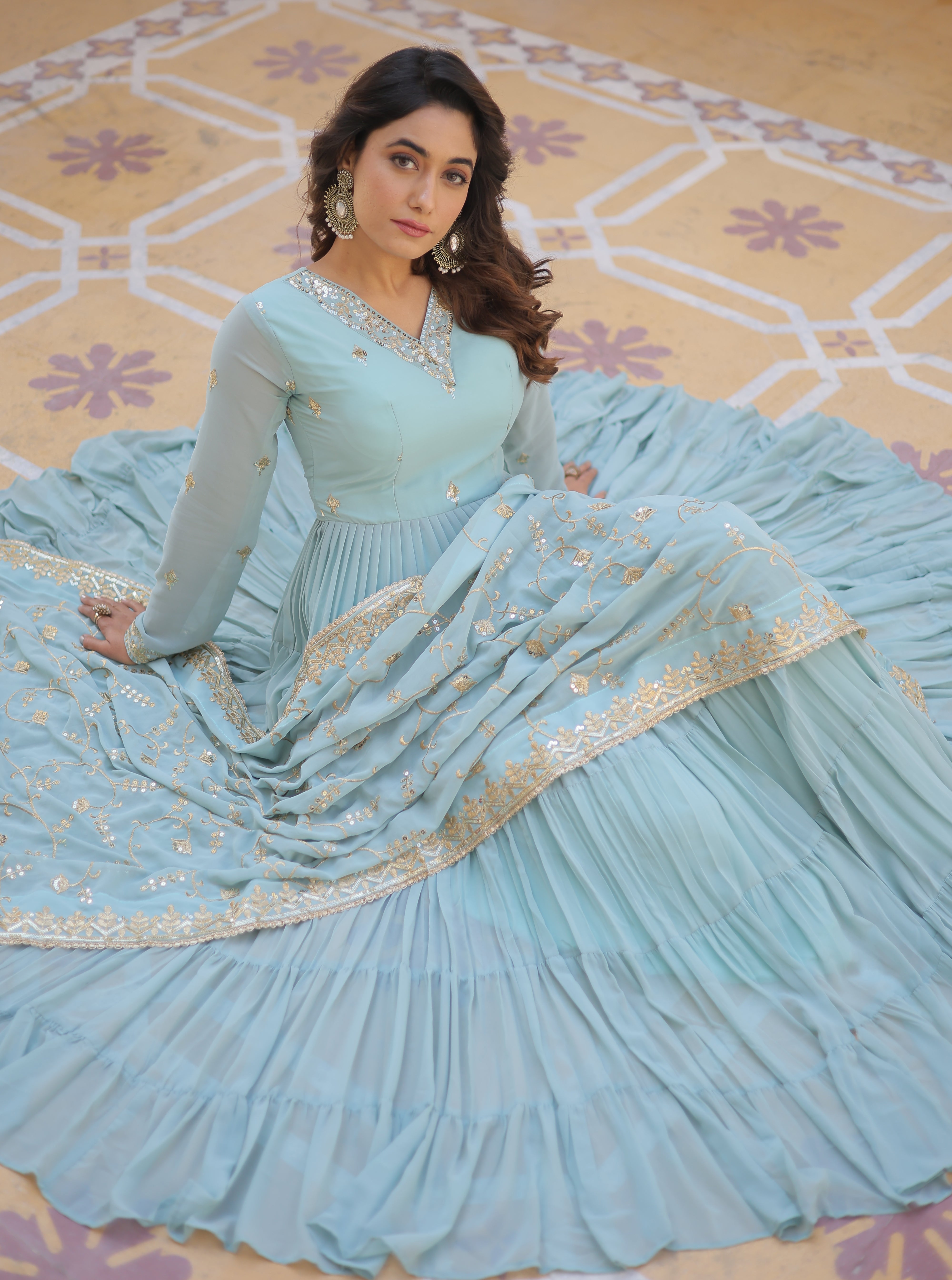 Ethereal Sky Blue Tiered Anarkali Gown with Zari Embroidered Dupatta