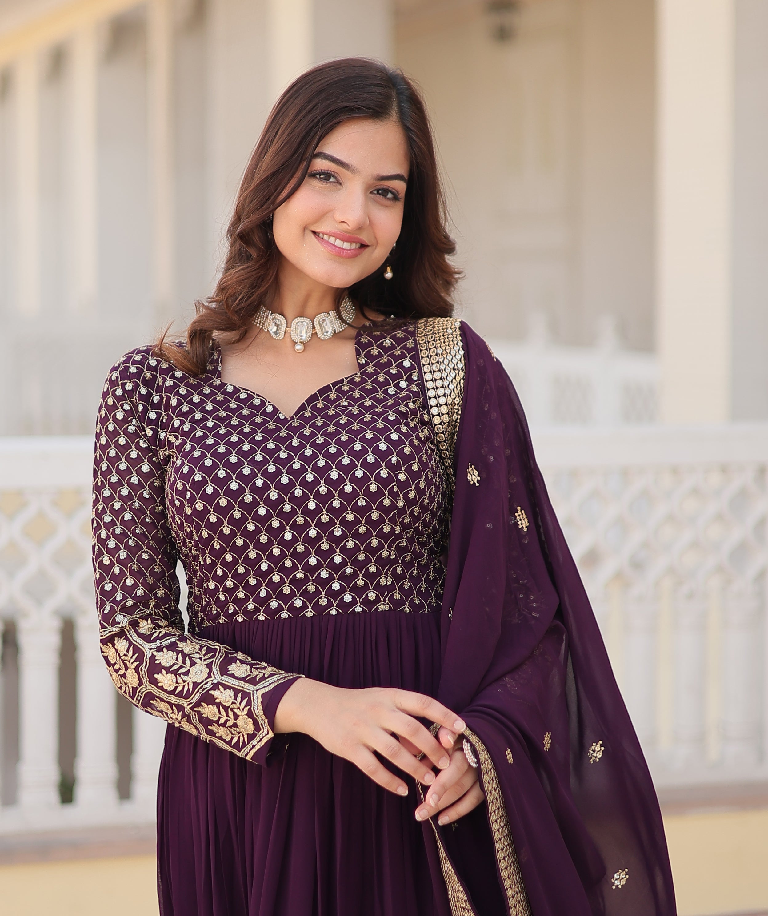 Wine Ready To Wear Anarkali Gown Set For Women