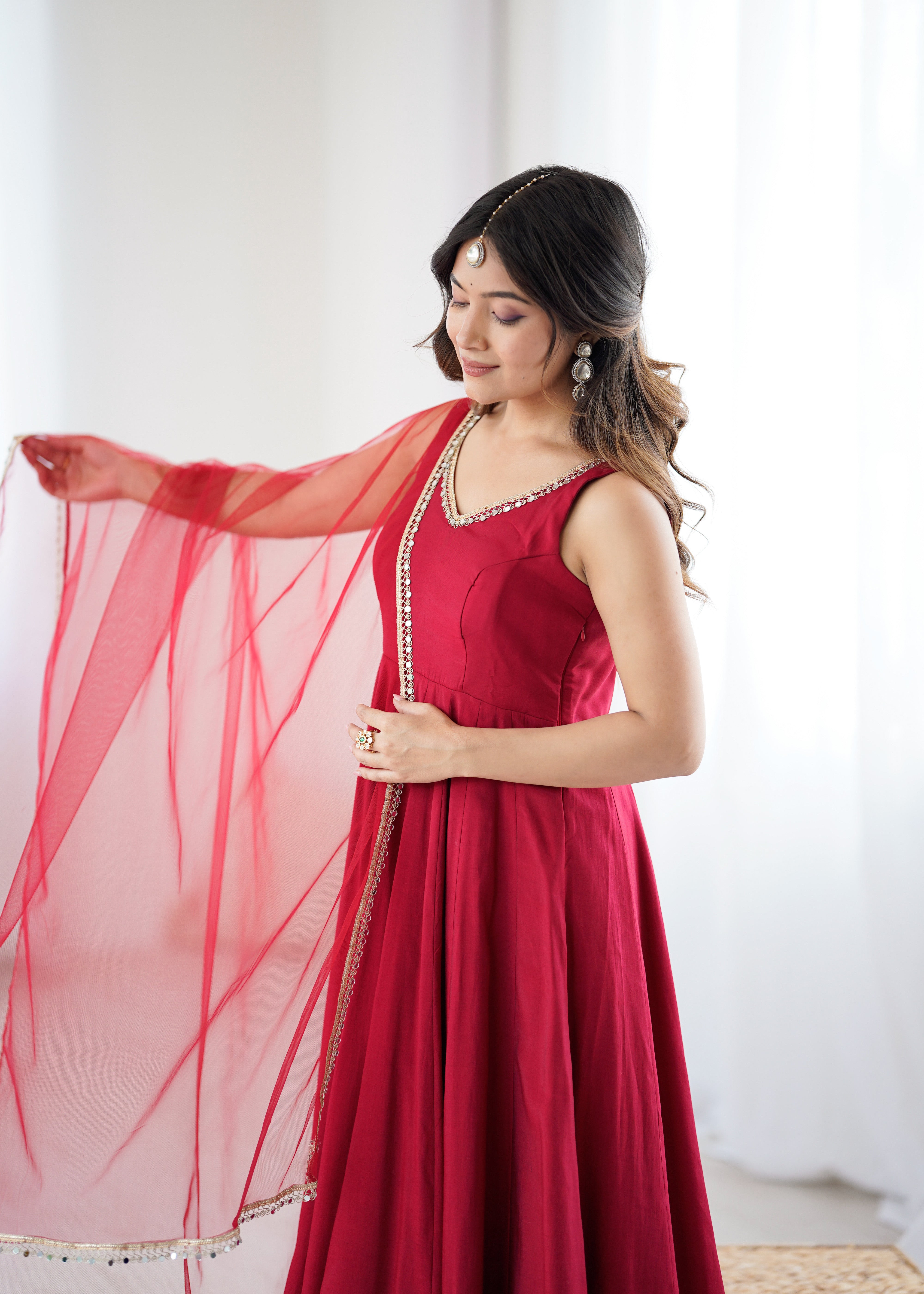 MAROON-Women’s Anarkali Suit Set with Dupatta