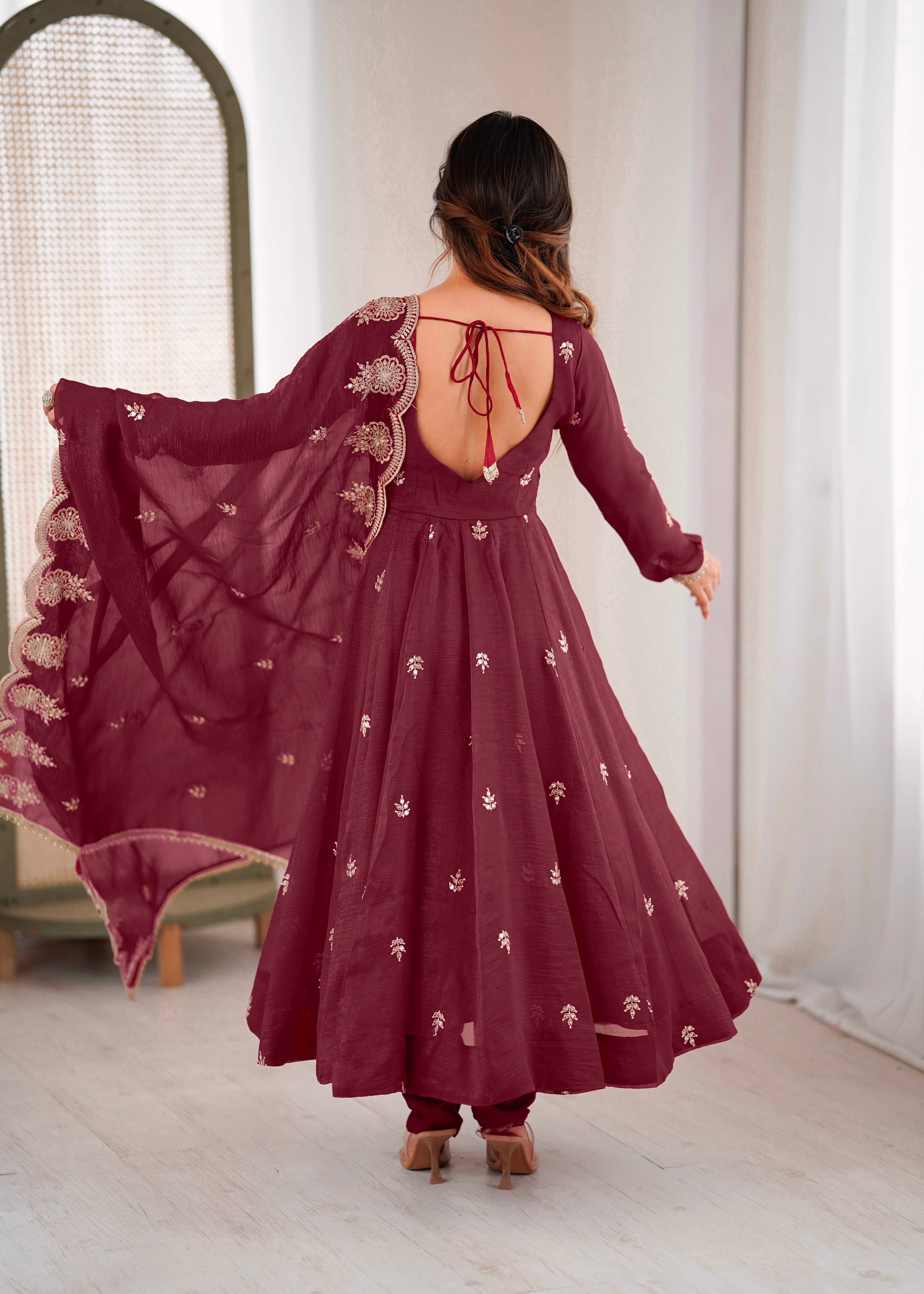 Maroon Embroidered Anarkali Kurta Set for Women