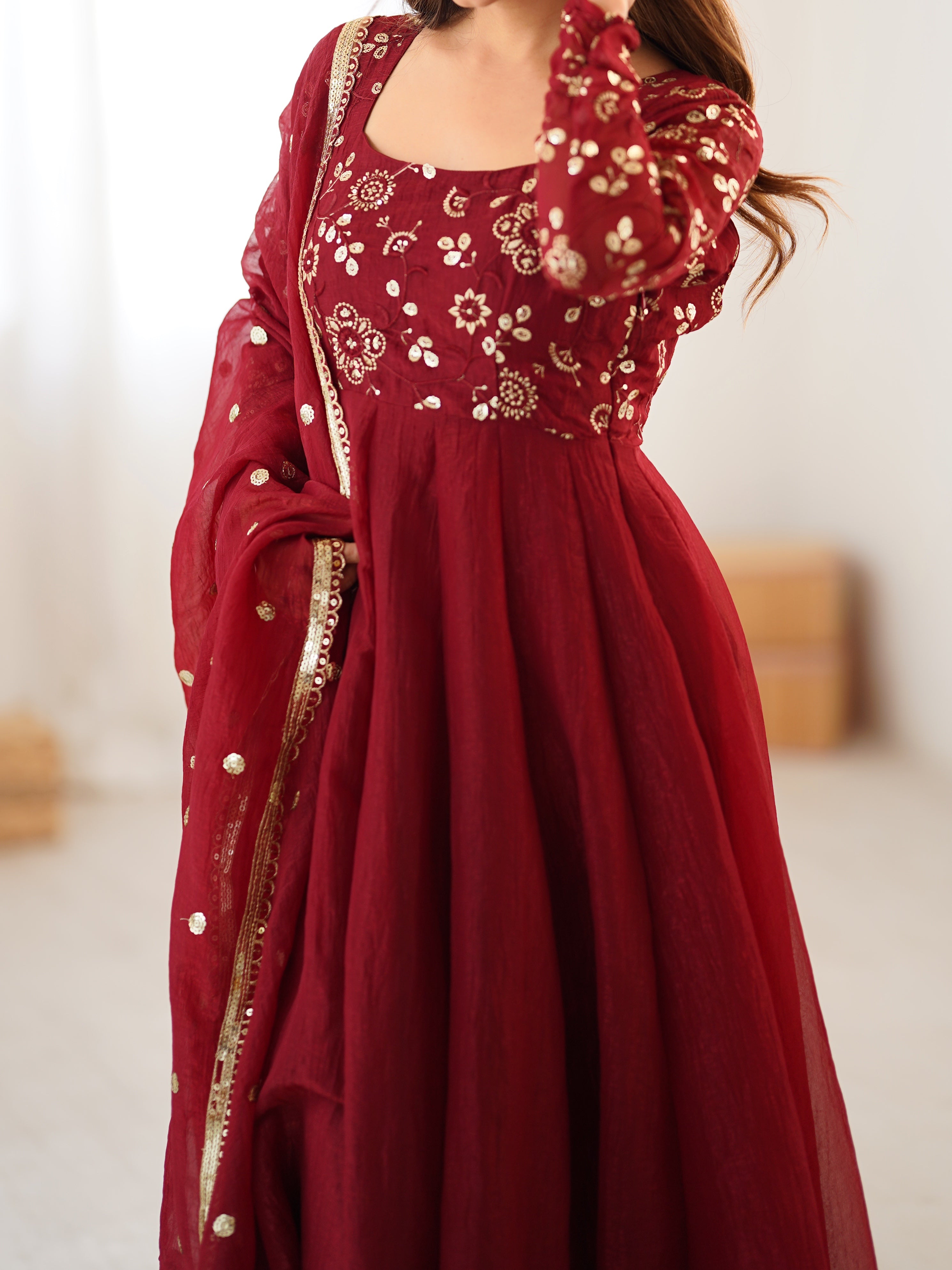 Maroon Golden Embroidered Anarkali Set