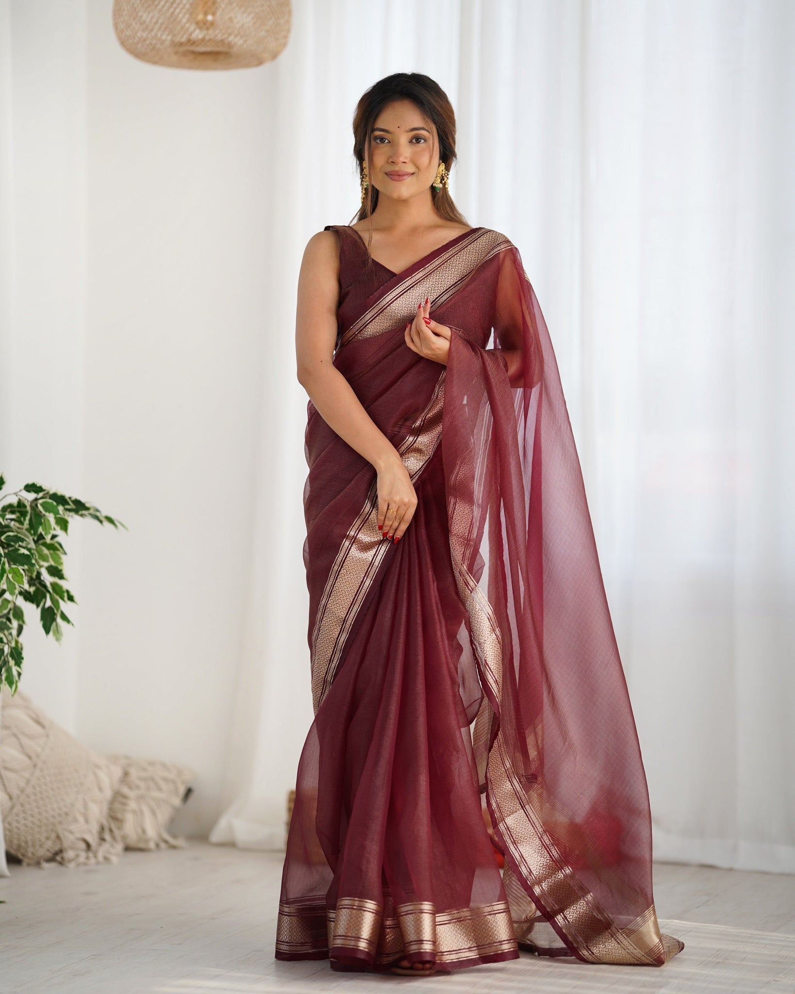 Maroon Organza Festival Wear  Saree for women