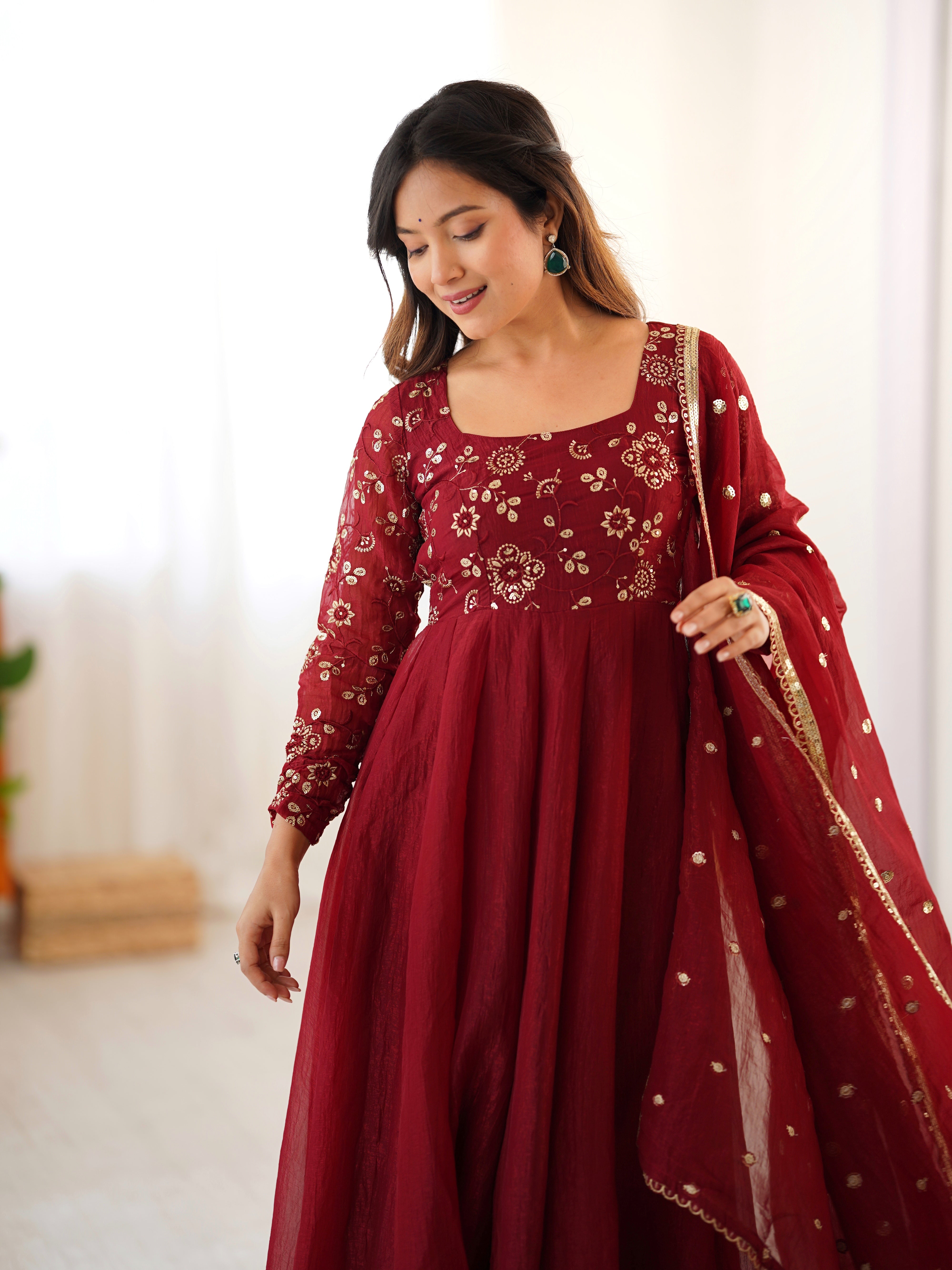 Maroon Golden Embroidered Anarkali Set