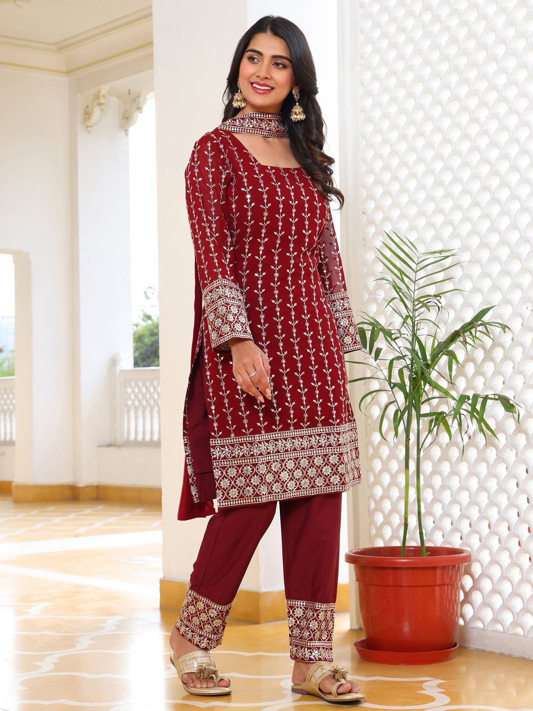 Elegant Maroon Straight Kurta Set with Silver Embroidery and Trousers